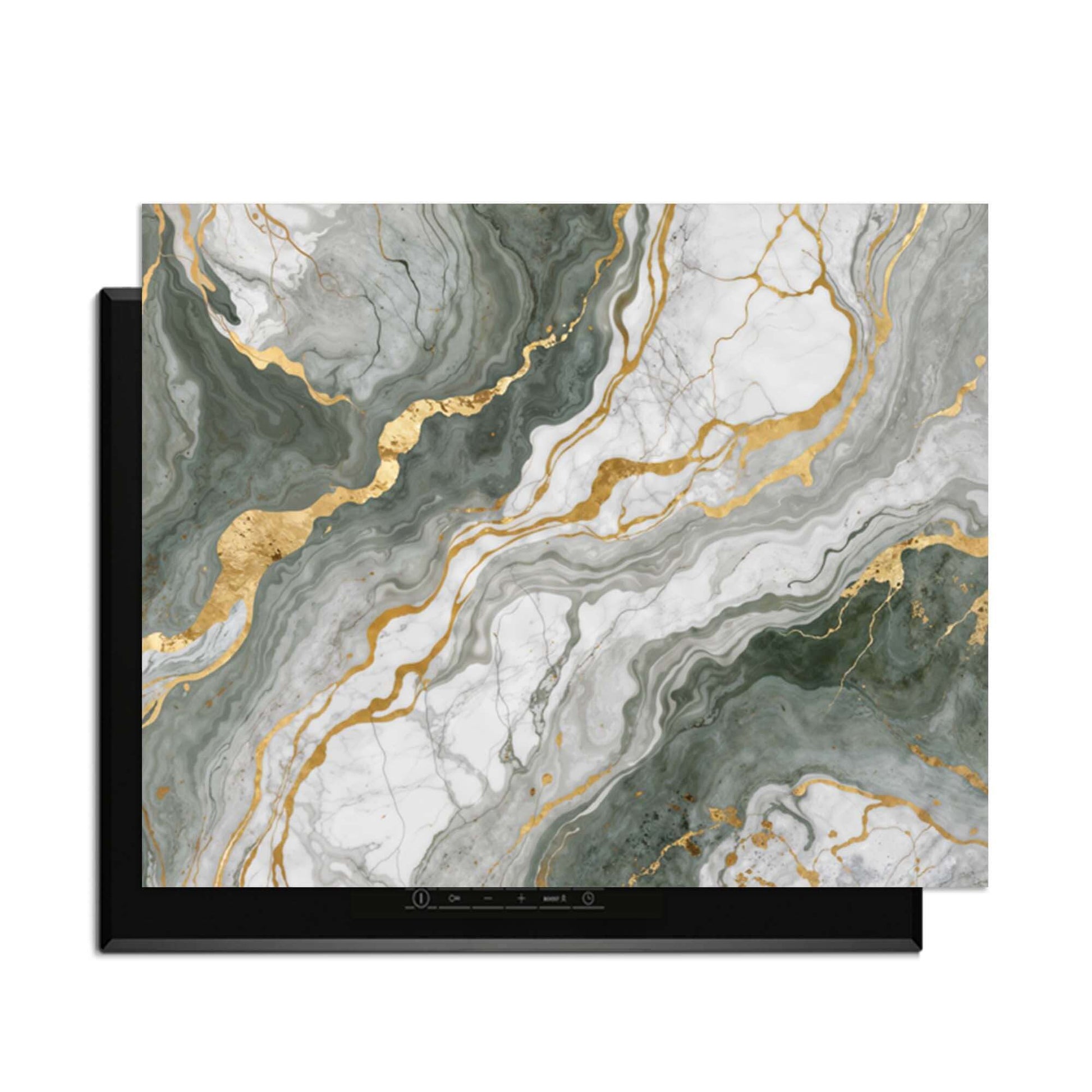 Luxurious Marble Green – Inductie Beschermer met een elegant marmerdesign en gouden aders.