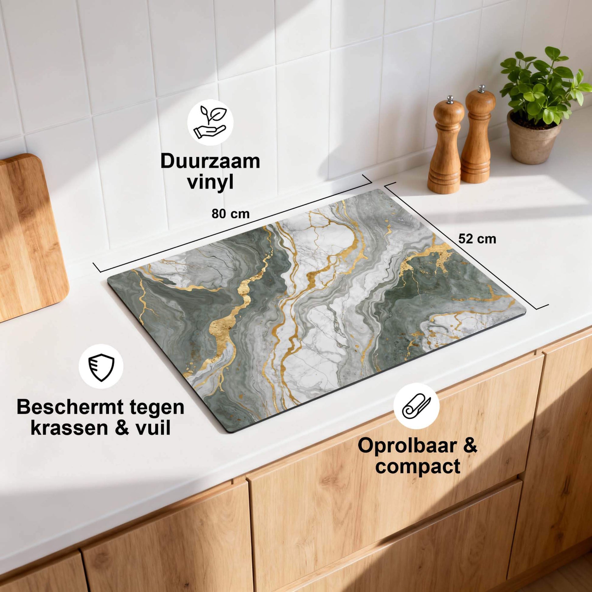 Luxurious Marble Green – Inductie Beschermer, duurzaam vinyl, beschermt tegen krassen en vuil, 80x52 cm