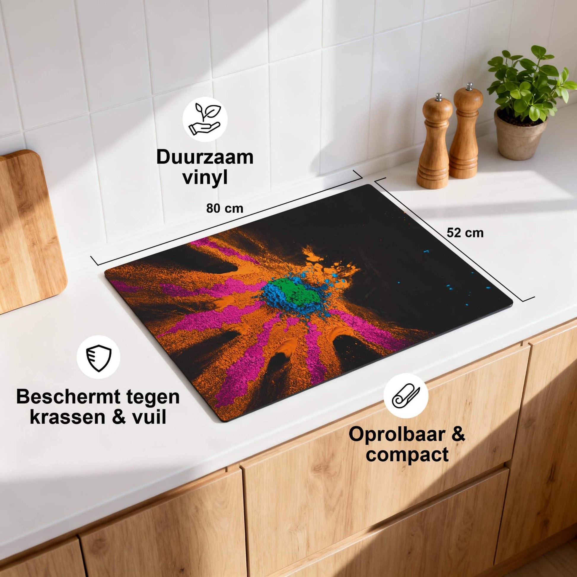 Color Bust - Inductie Beschermer op een keukenoppervlak, duurzaam en beschermend tegen krassen en vuil.