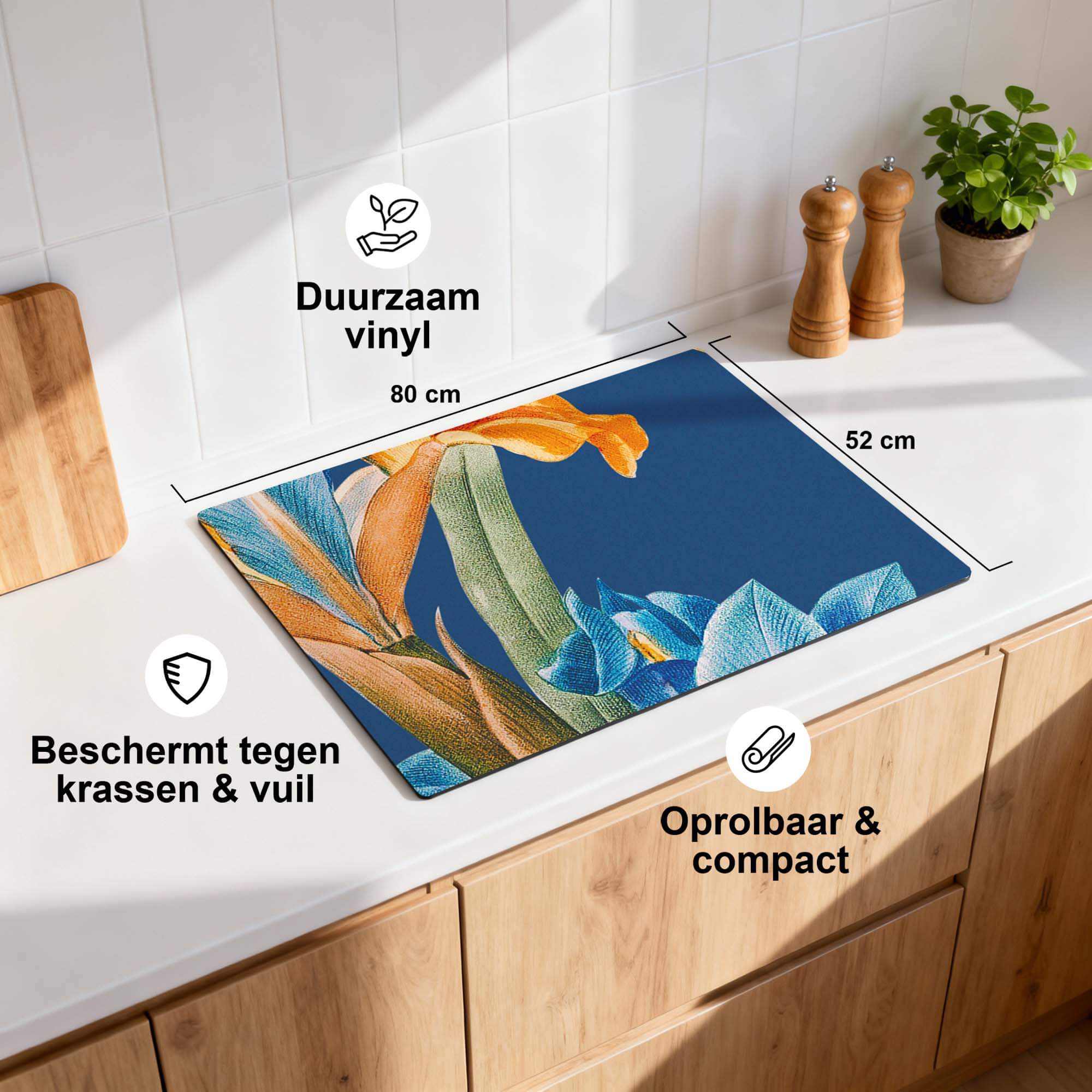 Iris Elegance – Inductie Beschermer met kleurrijke bloemenprint, duurzaam vinyl, 80x52 cm tafelbeschermer.