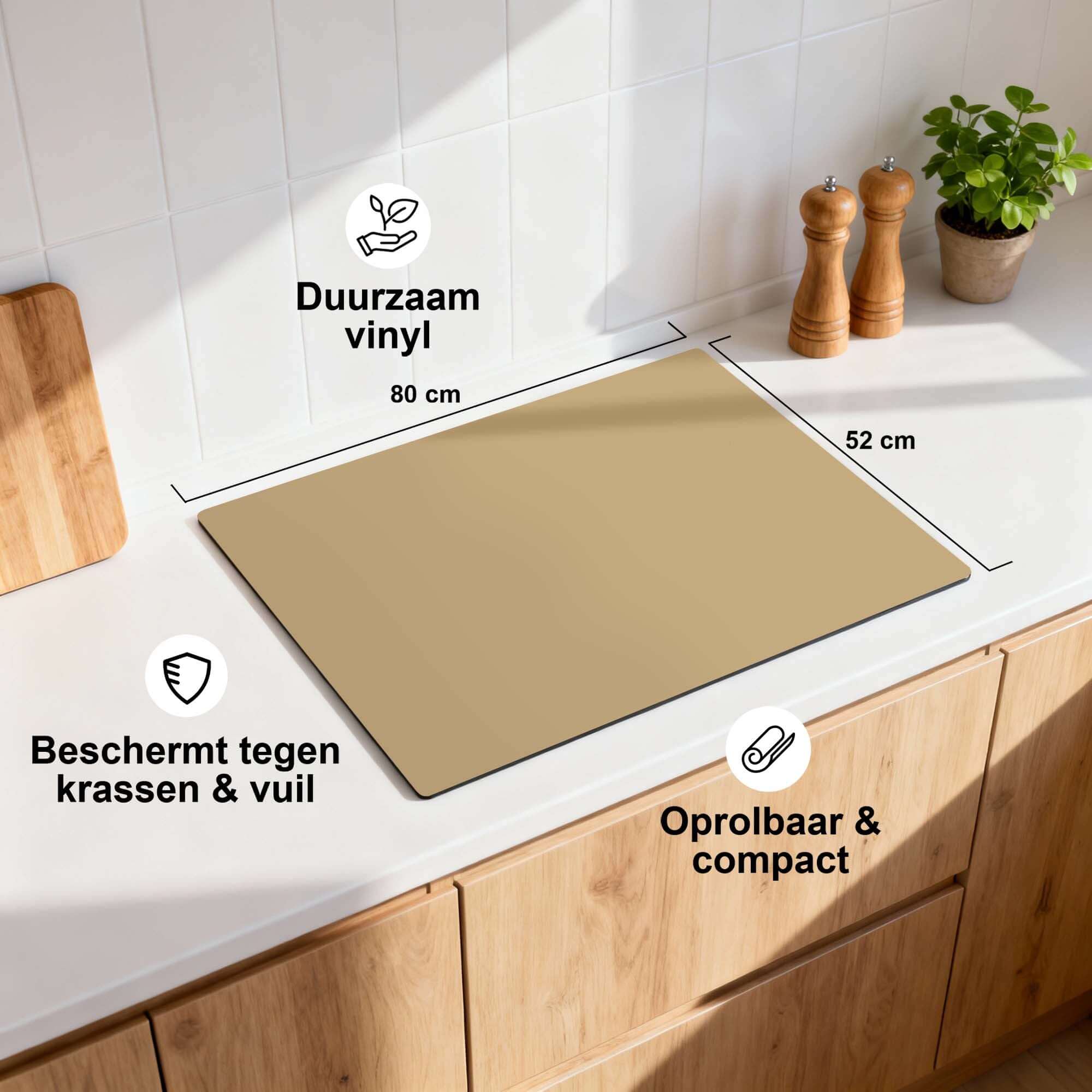 Champagne Glow - Induction Protector auf einer Küchenarbeitsplatte, schützt vor Kratzern und Schmutz mit strapazierfähigem Vinyl.