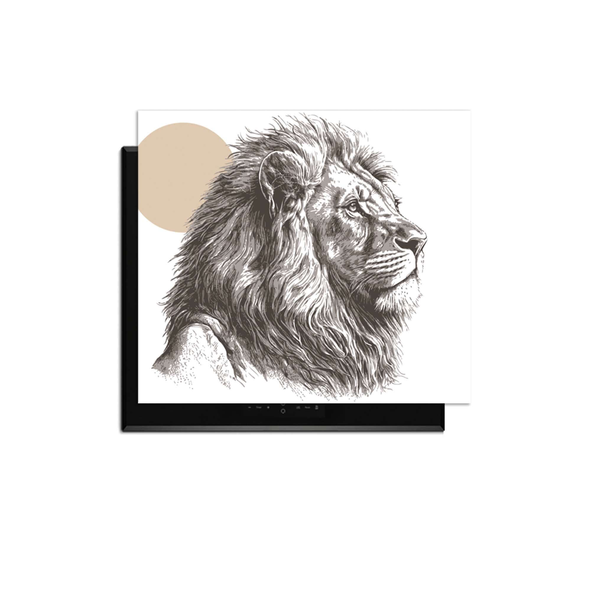 Majestic Lion - Inductie Beschermer met artistiek lijnenspel en zachte kleuren voor een stijlvolle keuken.