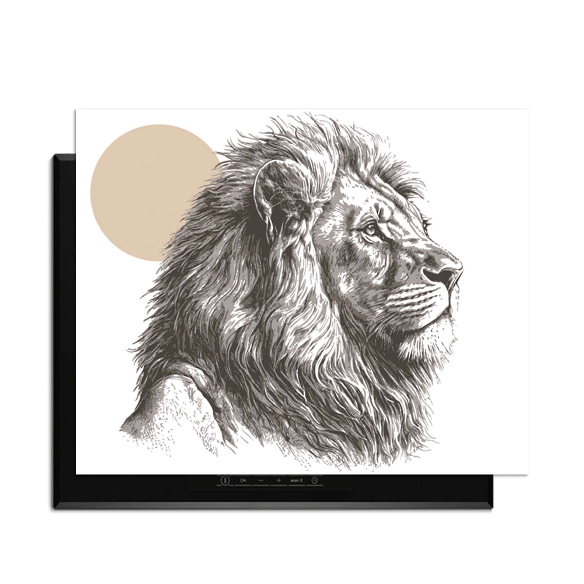 Majestic Lion - Inductie Beschermer met artistiek lijnenspel en elegante kleuren op inductiekookplaat.