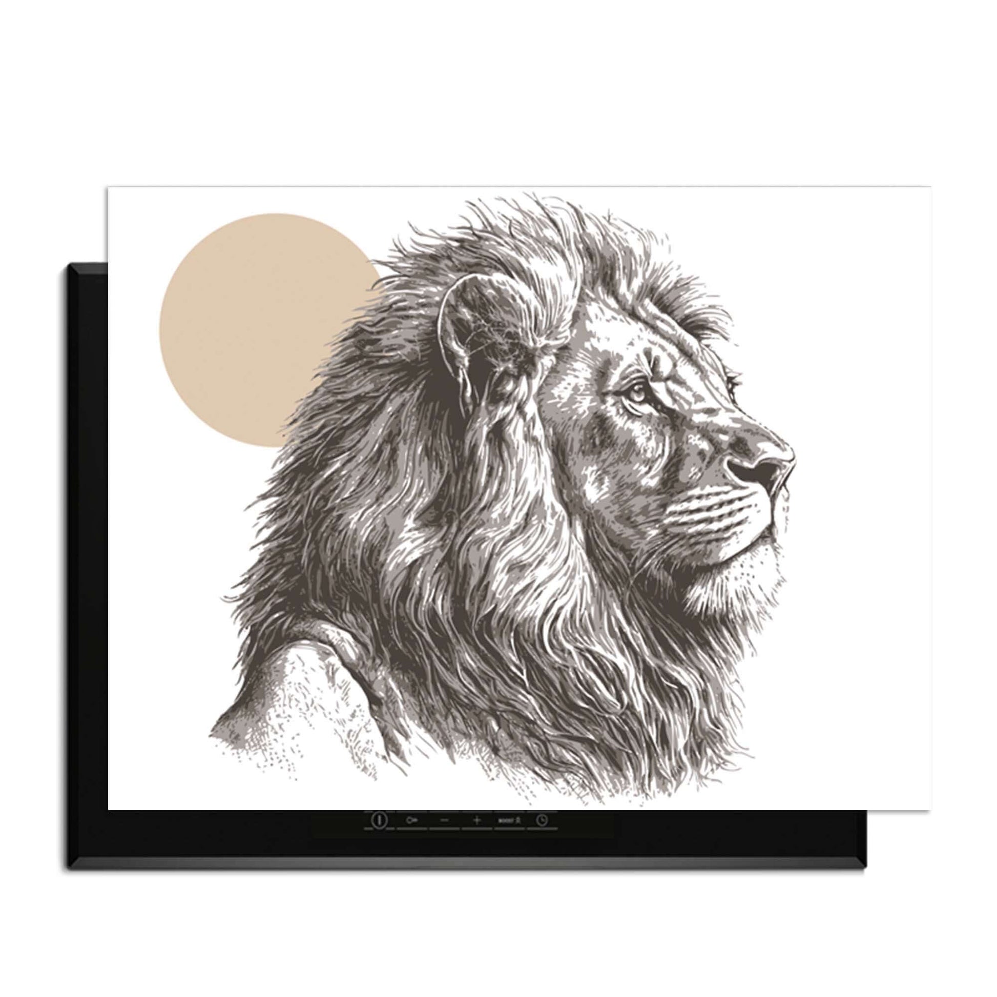 Majestic Lion - Inductie Beschermer met artistiek lijnenspel en zachte kleuren voor een stijlvolle keuken.
