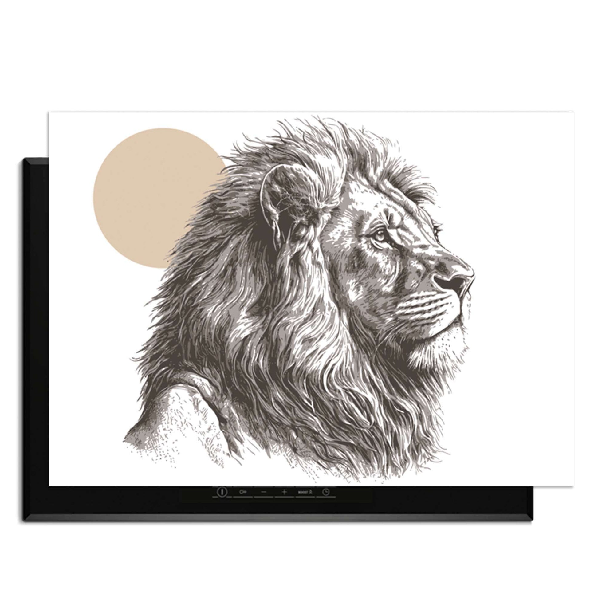 Majestic Lion - Inductie Beschermer met artistieke leeuwenschets en zachte kleuren voor een stijlvolle keuken.