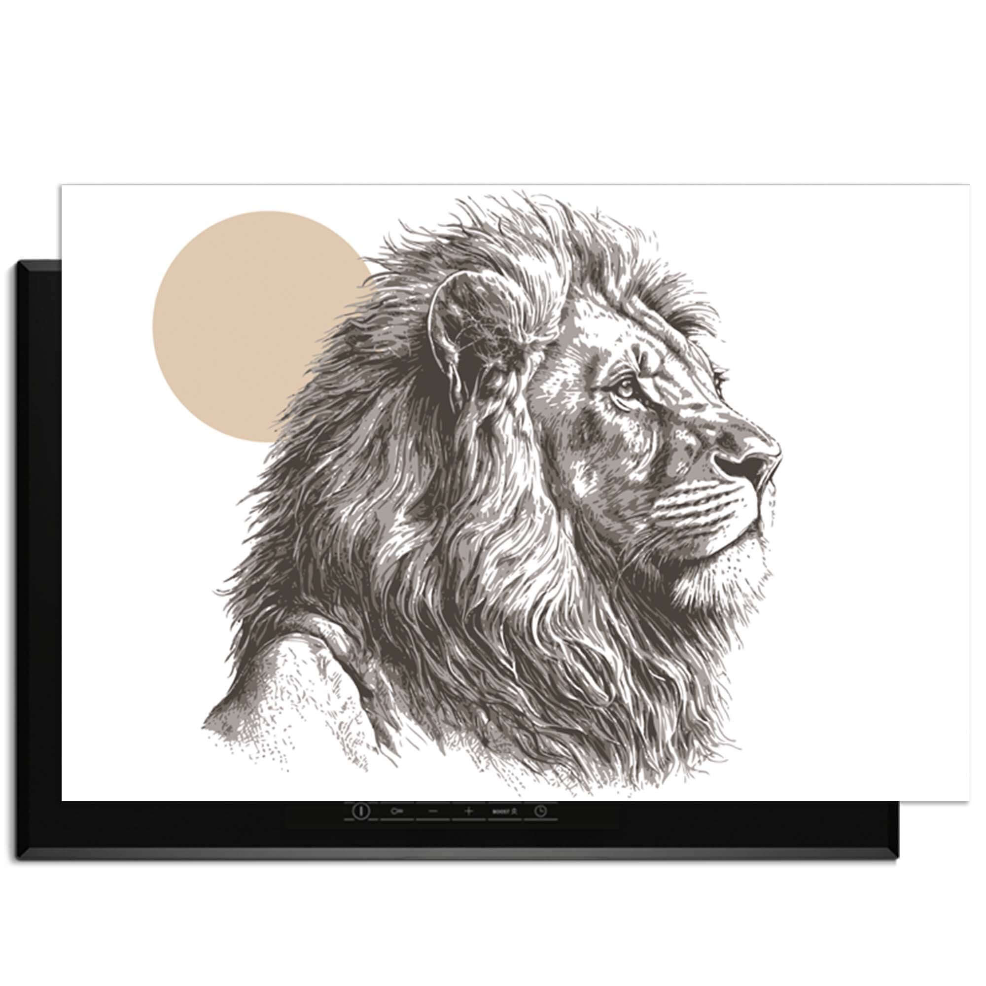 Majestic Lion - Inductie Beschermer met artistieke afbeelding van een leeuw en zachte kleuren.