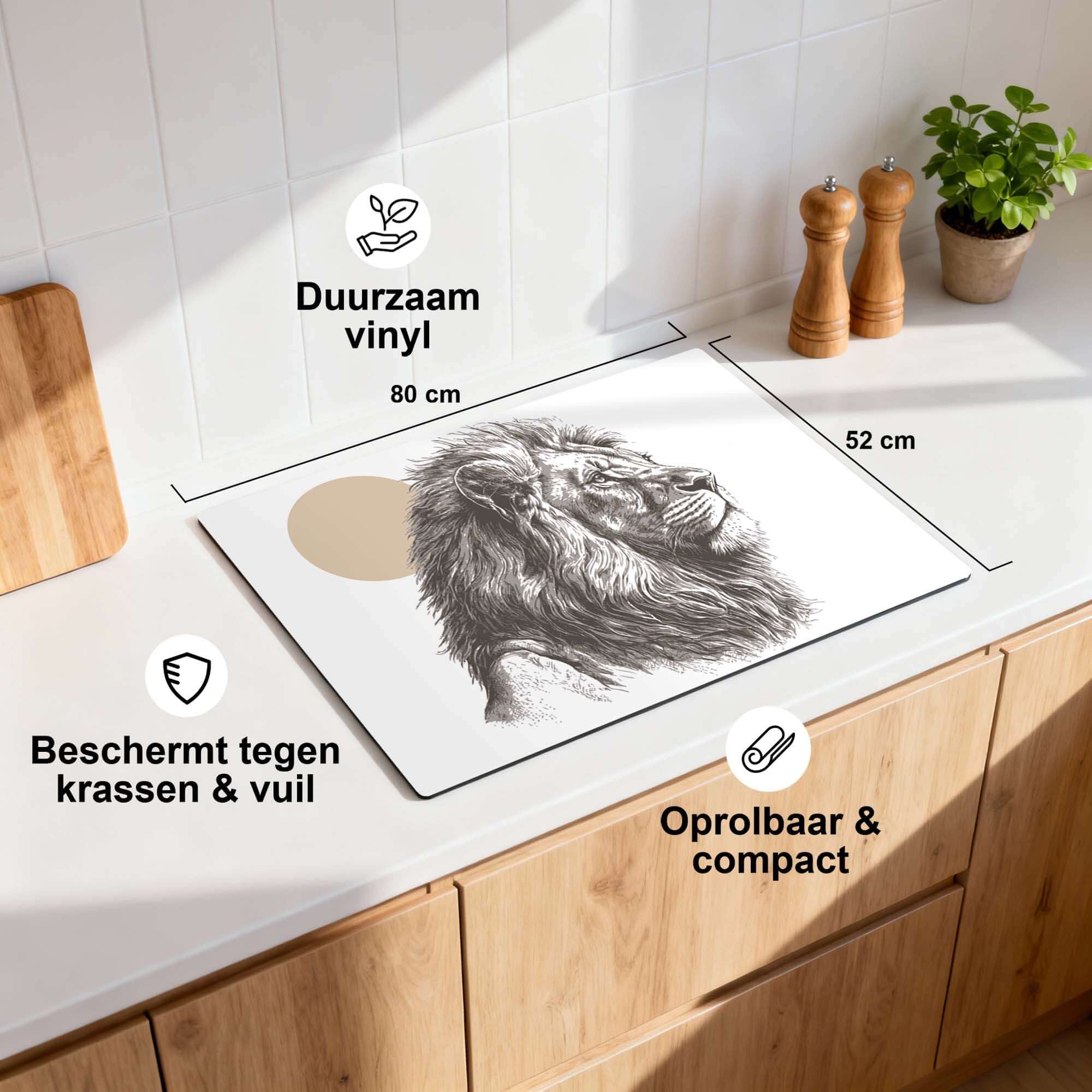 Majestic Lion - Inductie Beschermer, duurzaam vinyl, beschermt tegen krassen en vuil, rolbaar en compact
