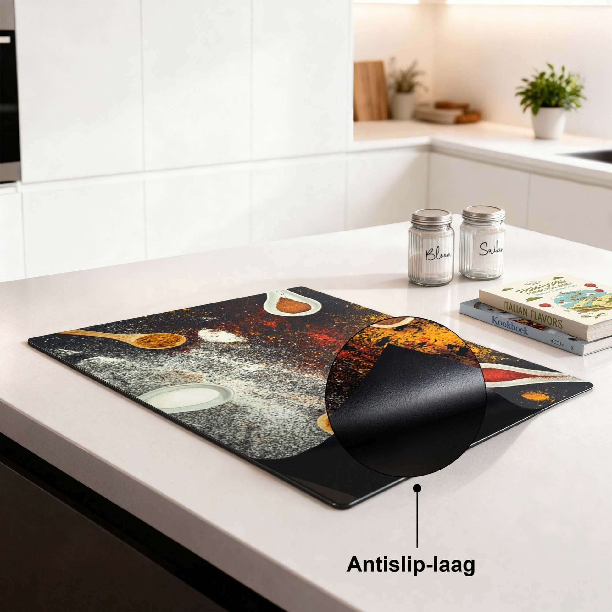 Spice Fusion – Inductie Beschermer op een keukenblad met antislip-laag en kleurrijke specerijen.