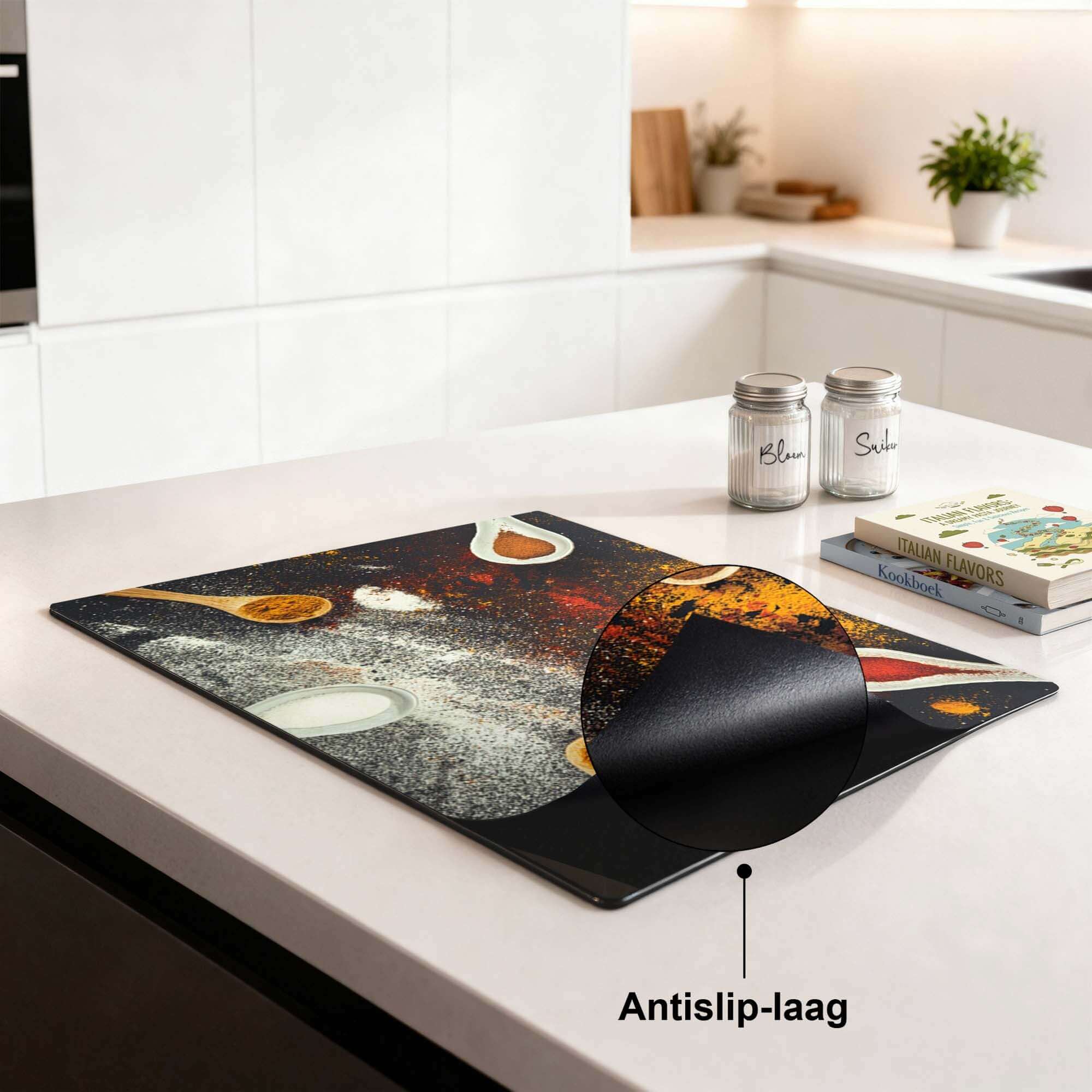 Spice Fusion – Inductie Beschermer op een keukenblad met antislip-laag en kleurrijke specerijen.