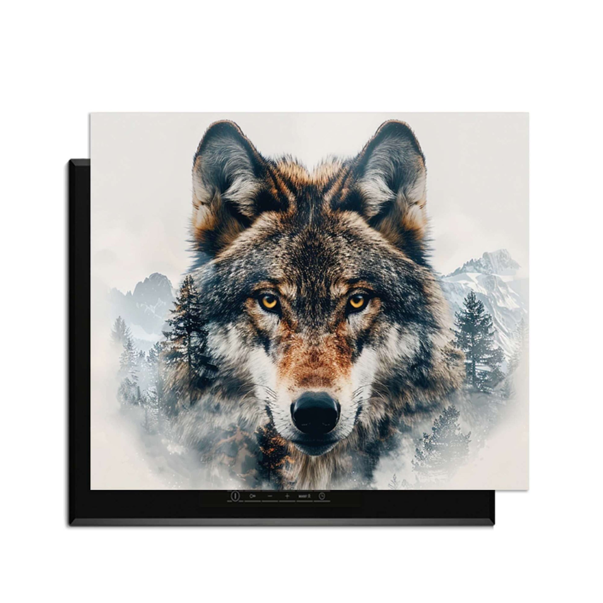 Majestic Wolf - Inductie Beschermer met krachtig wolfportret en natuurdetails op kookplaat.