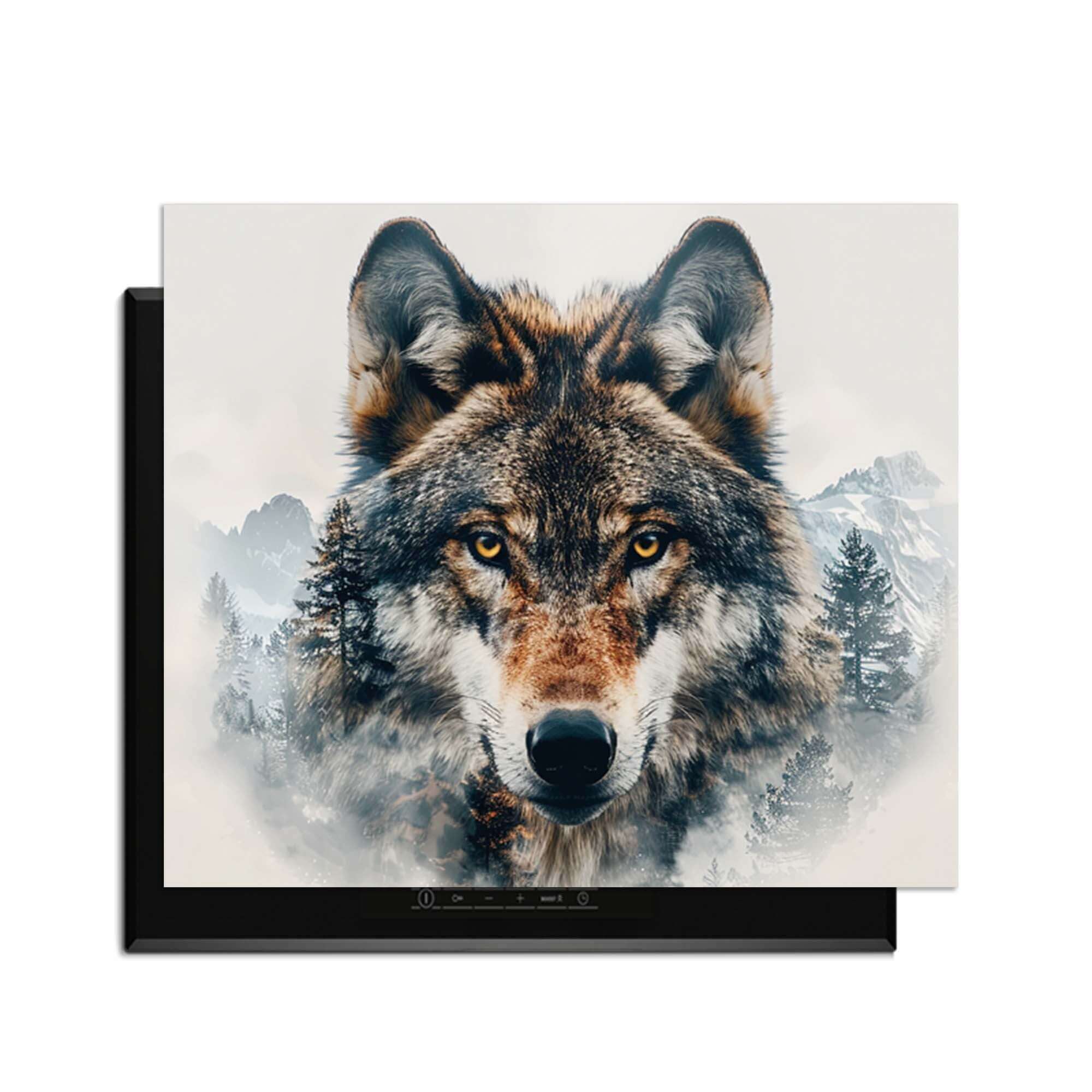 Majestic Wolf - Inductie Beschermer met krachtig wolfportret en natuurdetails op kookplaat.