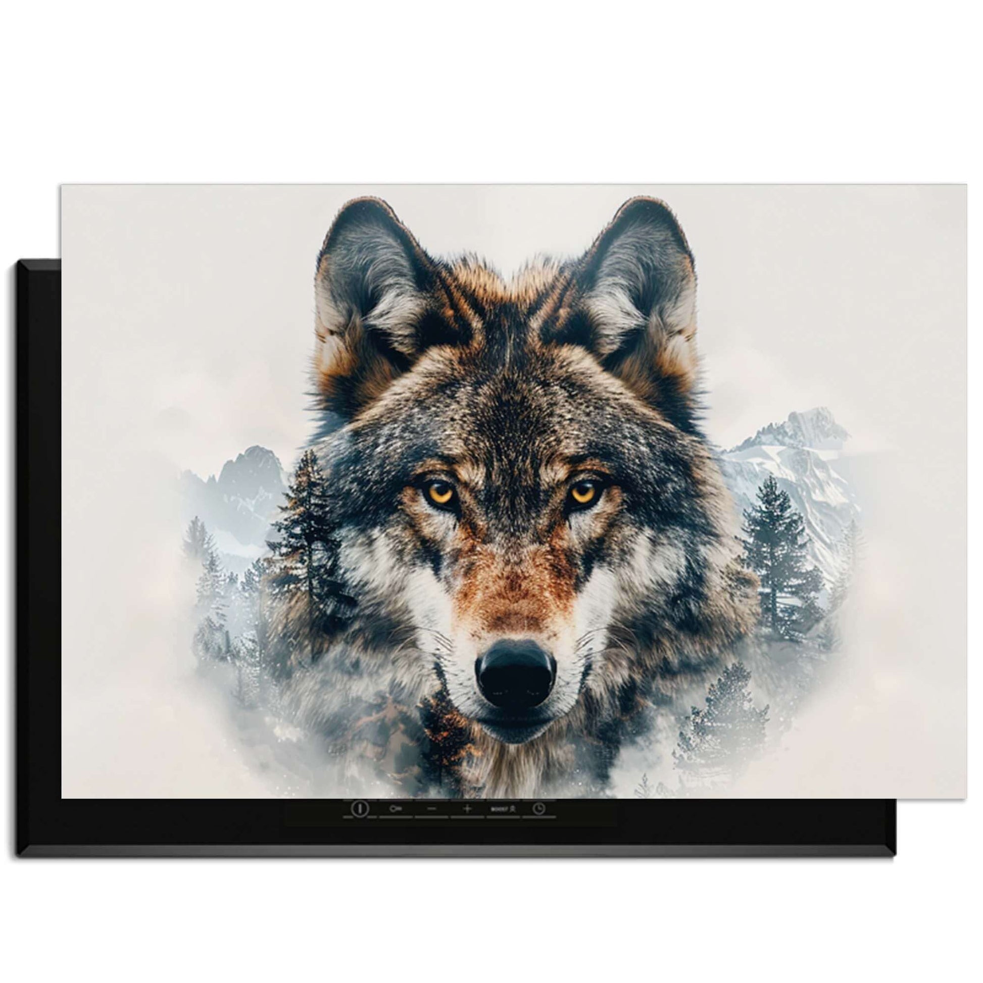 Majestic Wolf - Inductie Beschermer met krachtig portret van een wolf en natuurdetails op kookplaat.