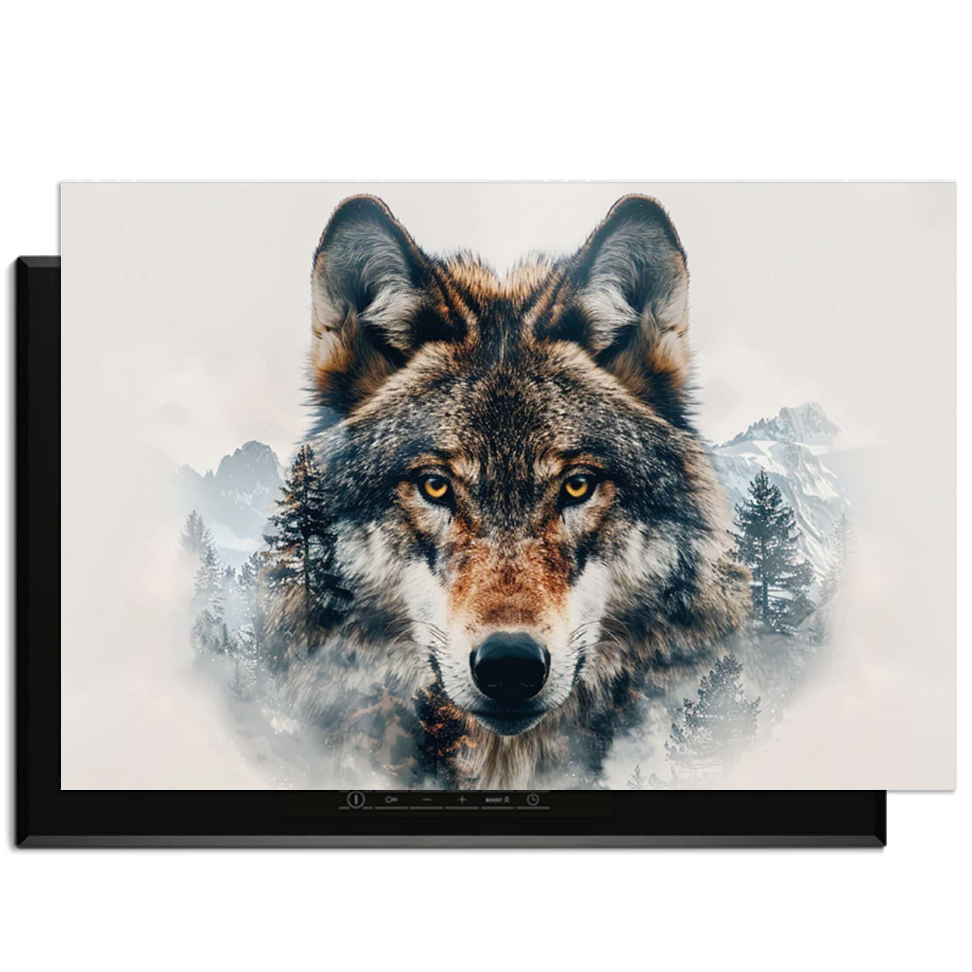 Majestic Wolf - Inductie Beschermer met krachtig portret van een wolf en natuurdetails op kookplaat.