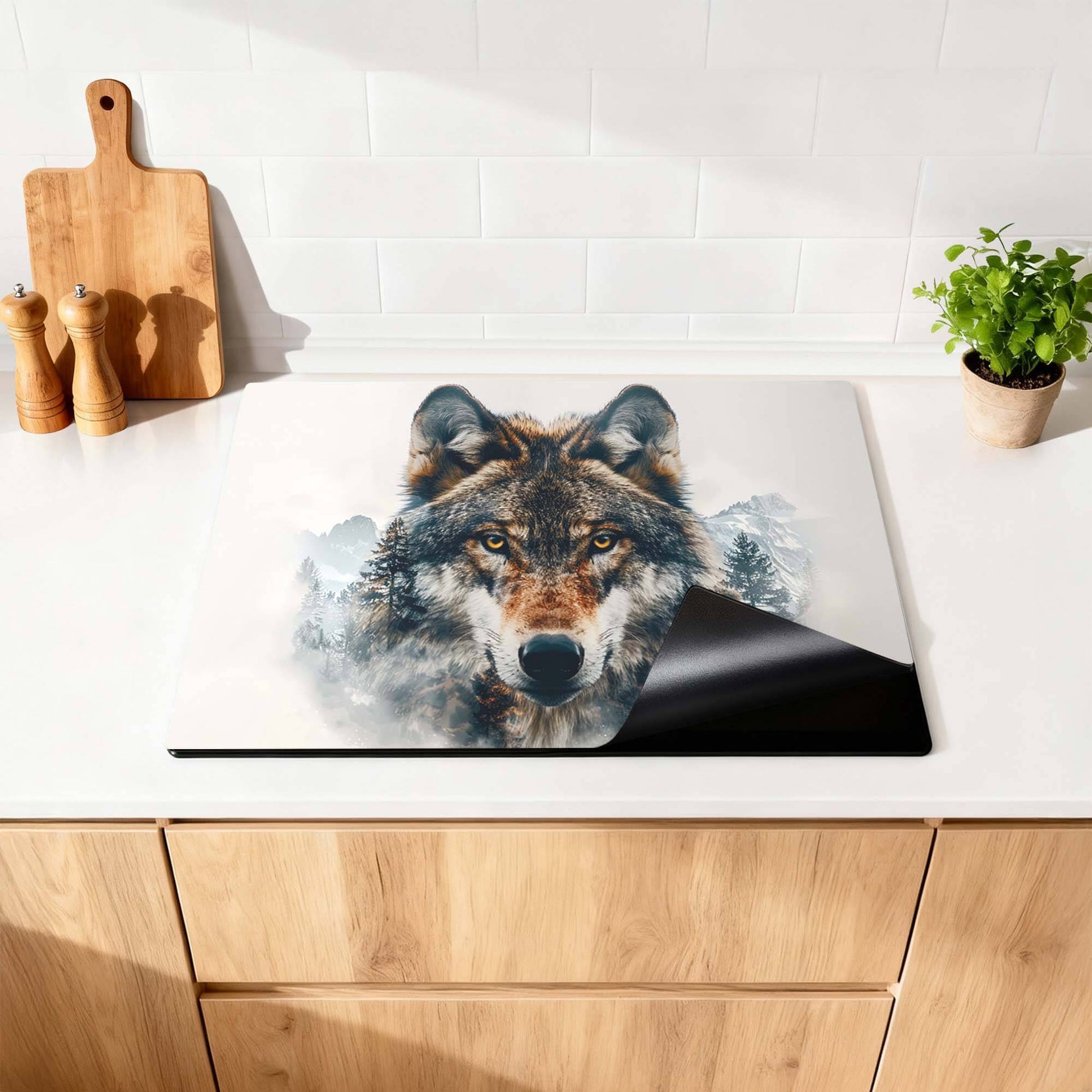 Majestic Wolf - Inductie Beschermer op een keukenblad met een wolf en natuurdetails.