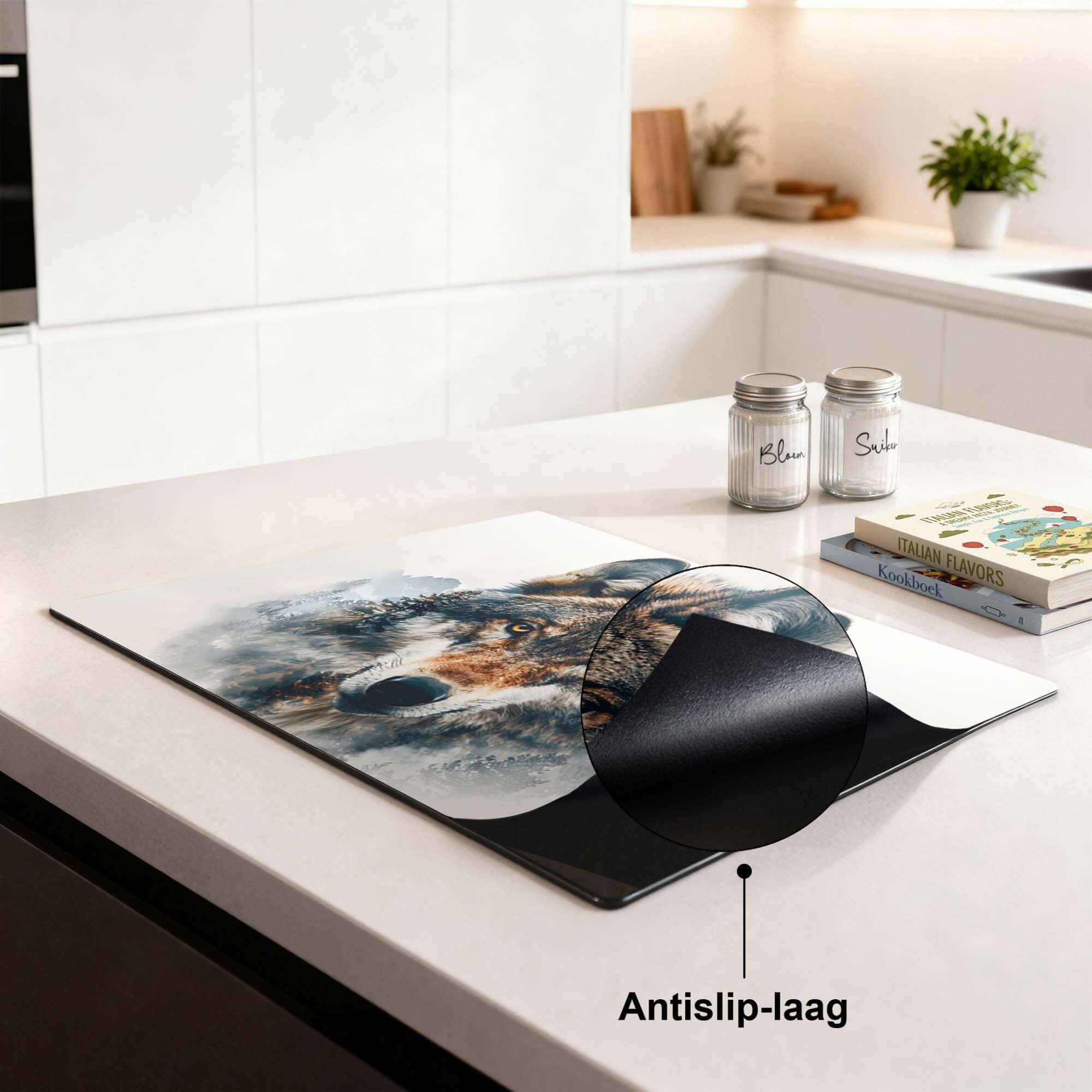 Majestic Wolf - Inductie Beschermer op een moderne keukenblad met antislip-laag en stijlvolle wolfafbeelding.