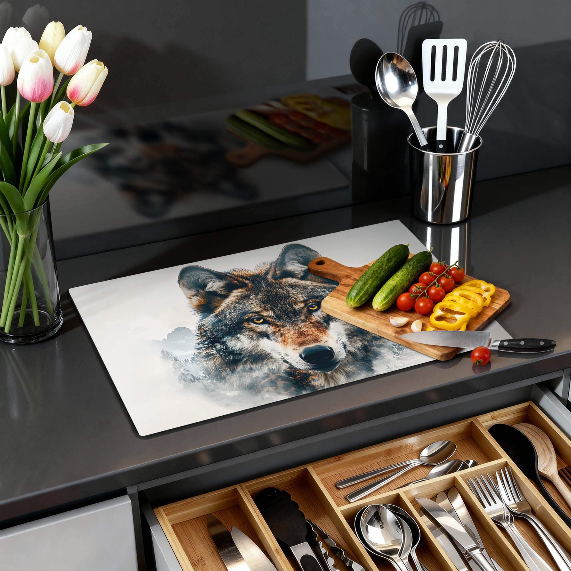 Majestic Wolf - Inductie Beschermer met wolf portrait op keukentafel, groenten en keukengerei.