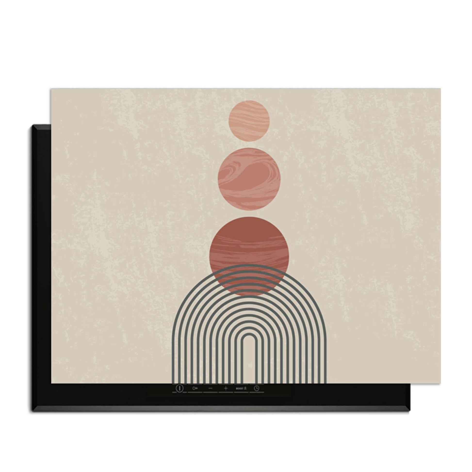 Zen Circles – Japandi Inductie Beschermer met warme grafische cirkels en moderne stijl voor keukenbescherming.