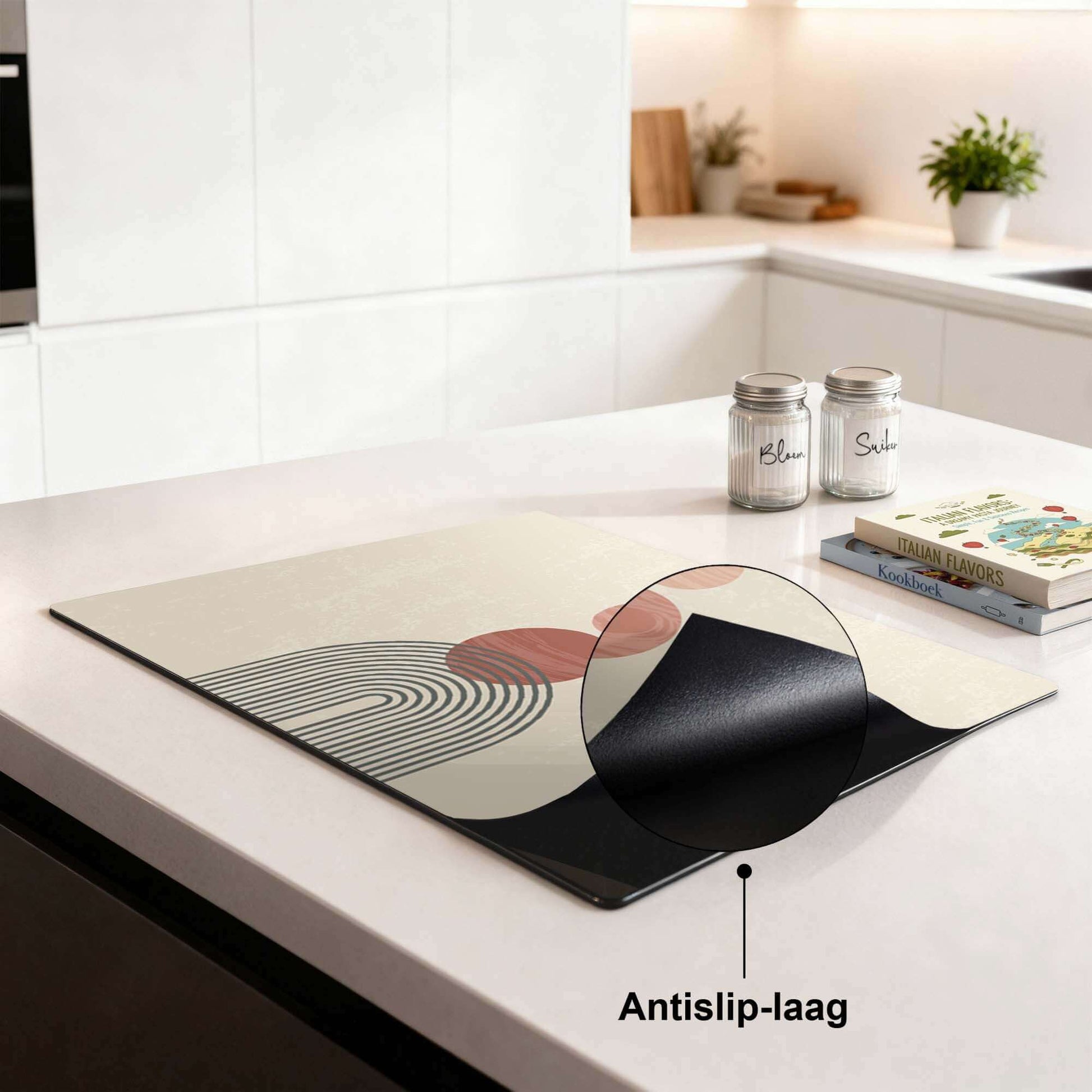 Zen Circles – Japandi Inductie Beschermer met antislip-laag voor stevige en stijlvolle bescherming in de keuken.