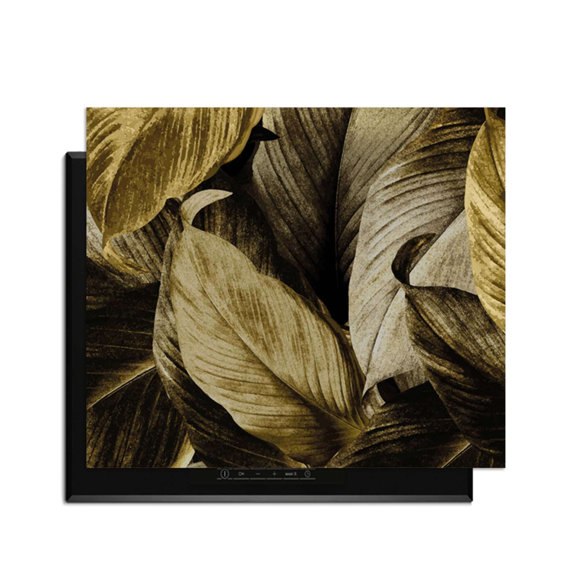 Golden Leaves – Inductie Beschermer met botanische luxe en elegante gouden bladeren voor de keuken.