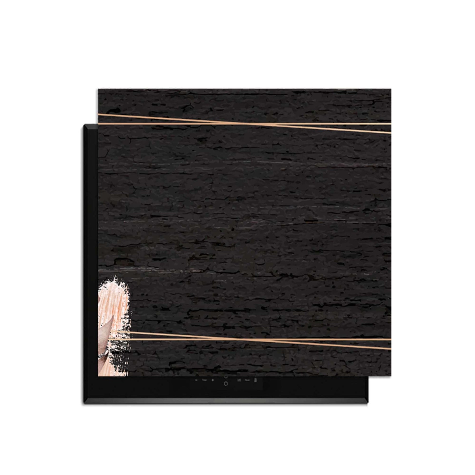 Midnight Leaves - Inductie Beschermer met zwarte achtergrond, beige bladeren en gouden accenten.