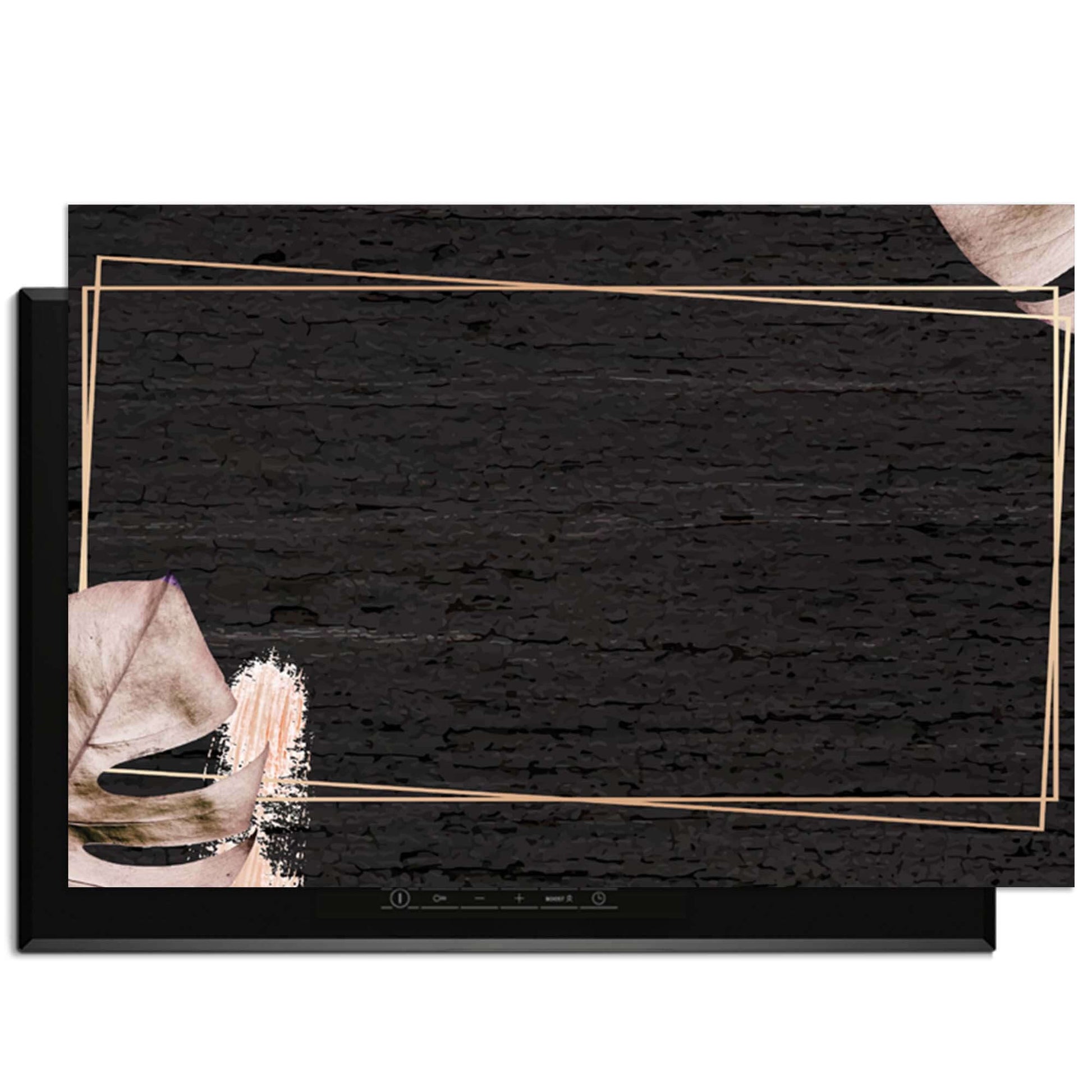 Midnight Leaves - Inductie Beschermer met zwarte achtergrond, beige bladeren en gouden accenten