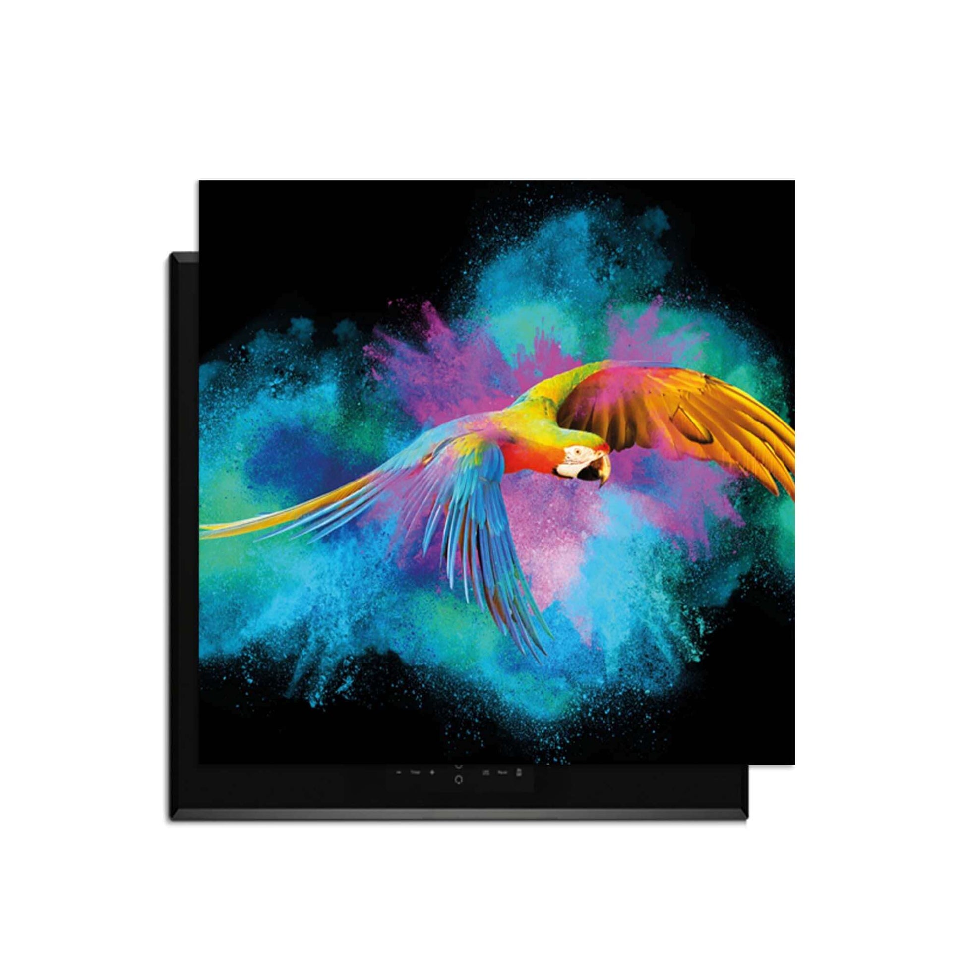 Kleurrijke artsy design van een papegaai op de Color Flight – Inductie Beschermer voor een levendige keuken.