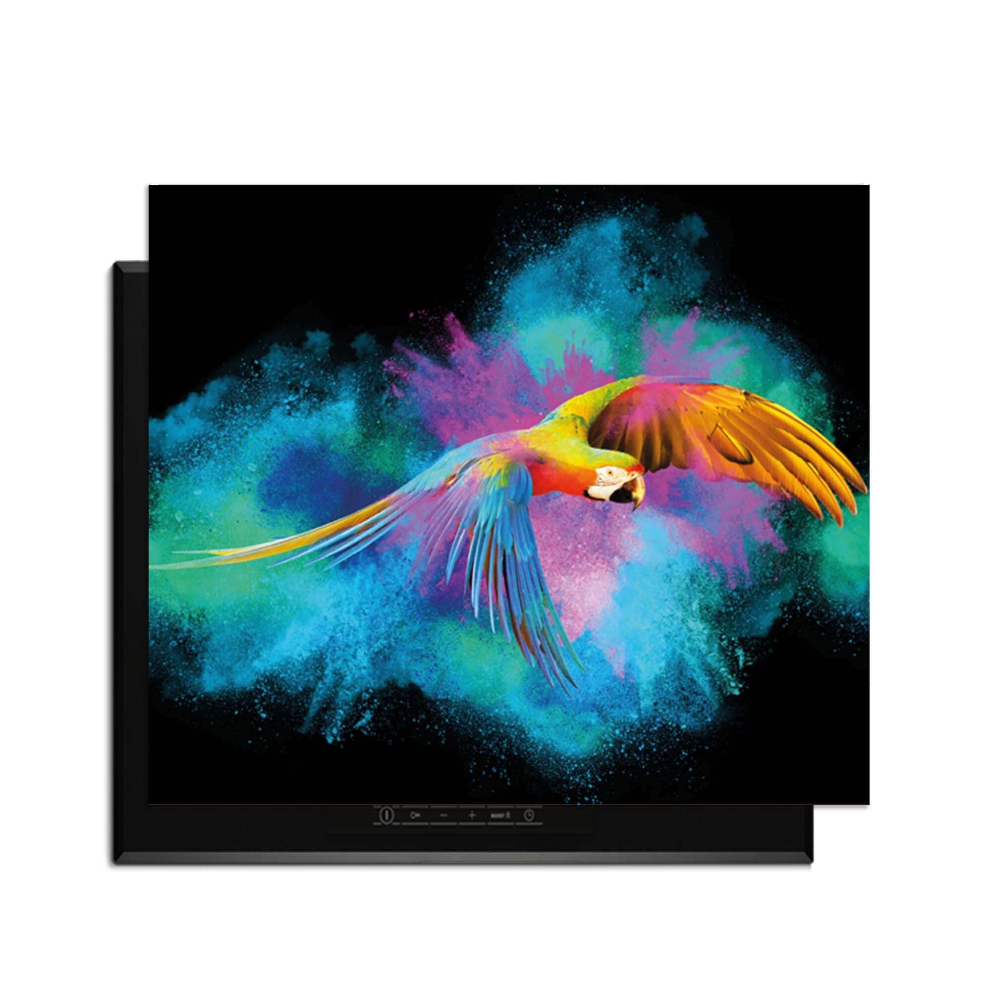 Color Flight – Inductie Beschermer met een kleurrijke papegaai op een achtergrond van levendige kleuren.