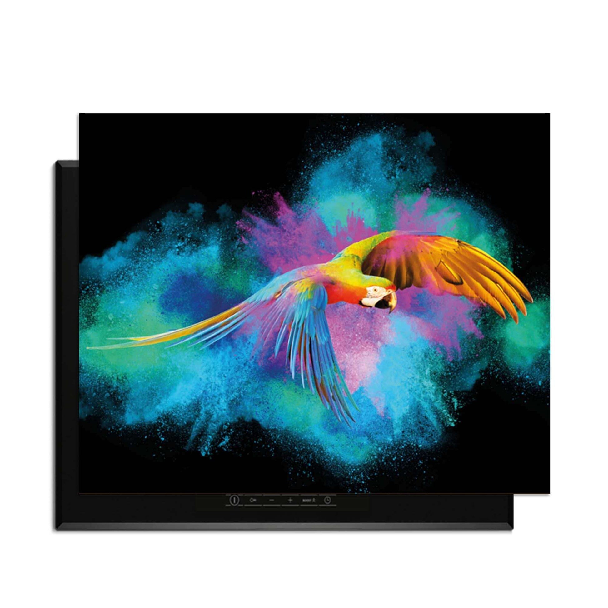 Color Flight – Inductie Beschermer met een kleurrijke papegaai, perfect voor een levendige keuken.