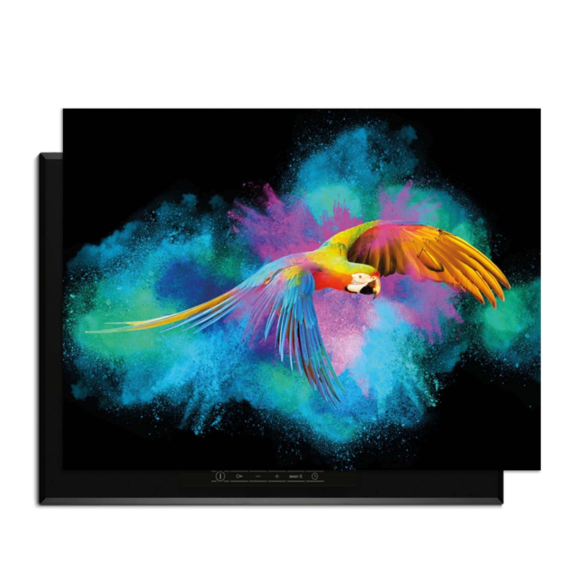 Color Flight – Inductie Beschermer met kleurrijke papegaai vliegend door kleurrijke explosie.