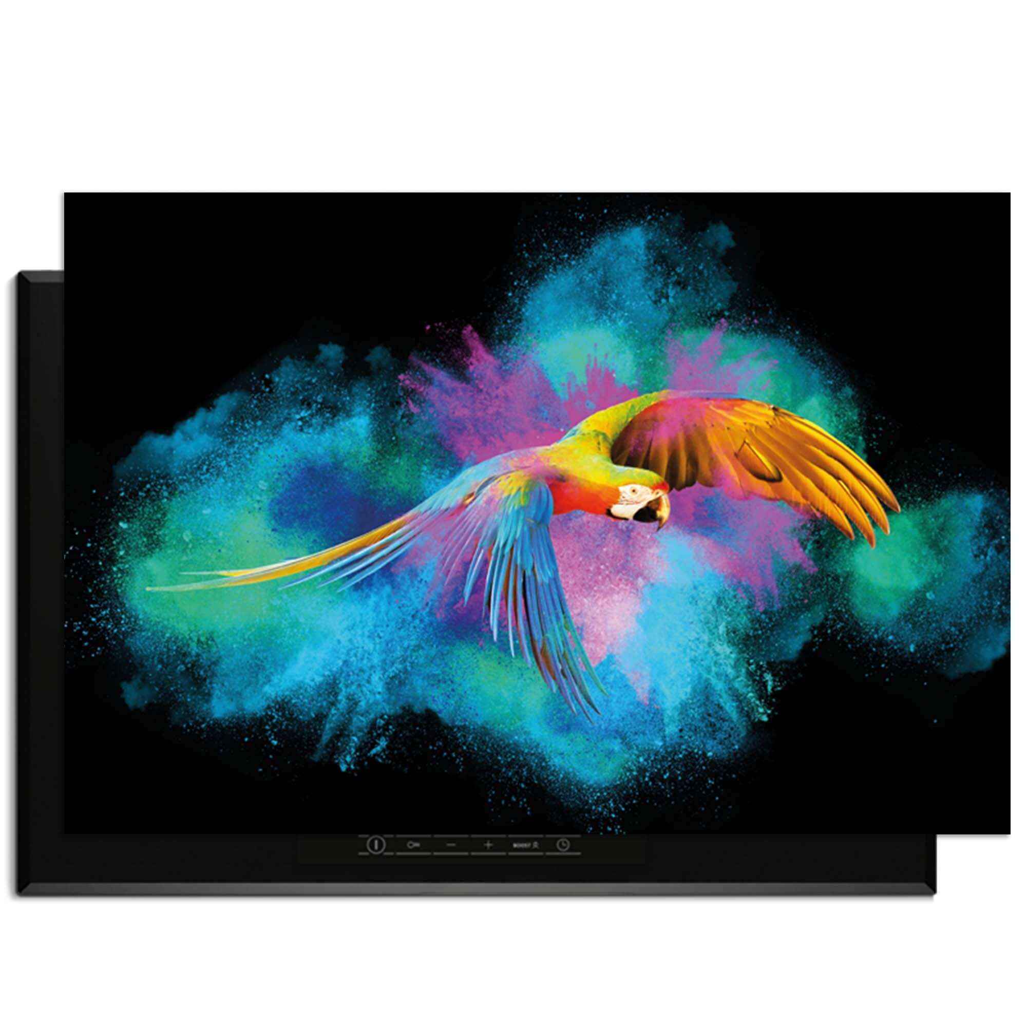 Color Flight – Inductie Beschermer met kleurrijke papegaai op een achtergrond van levendige kleuren.