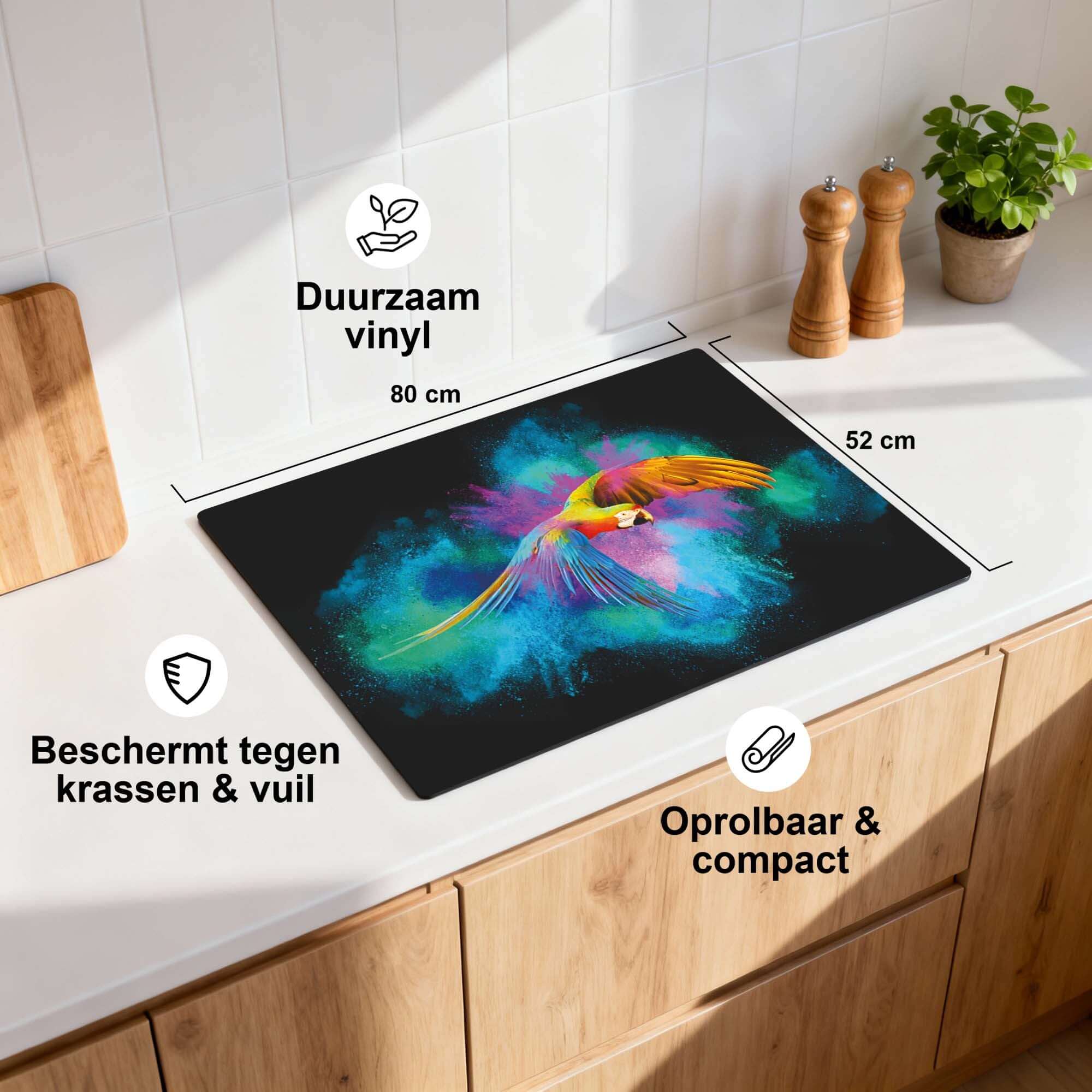 Color Flight – Inductie Beschermer met kleurrijke papegaai, beschermend en duurzaam voor je keuken.