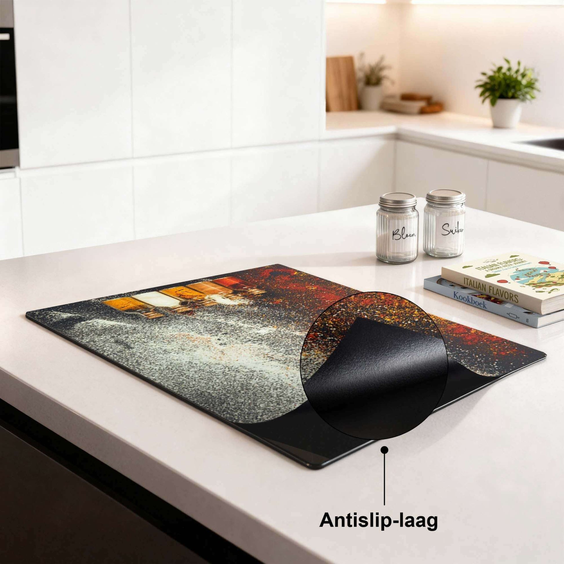 Spice Bottles – Inductie Beschermer met antislip-laag, kleurrijk ontwerp voor de keuken.