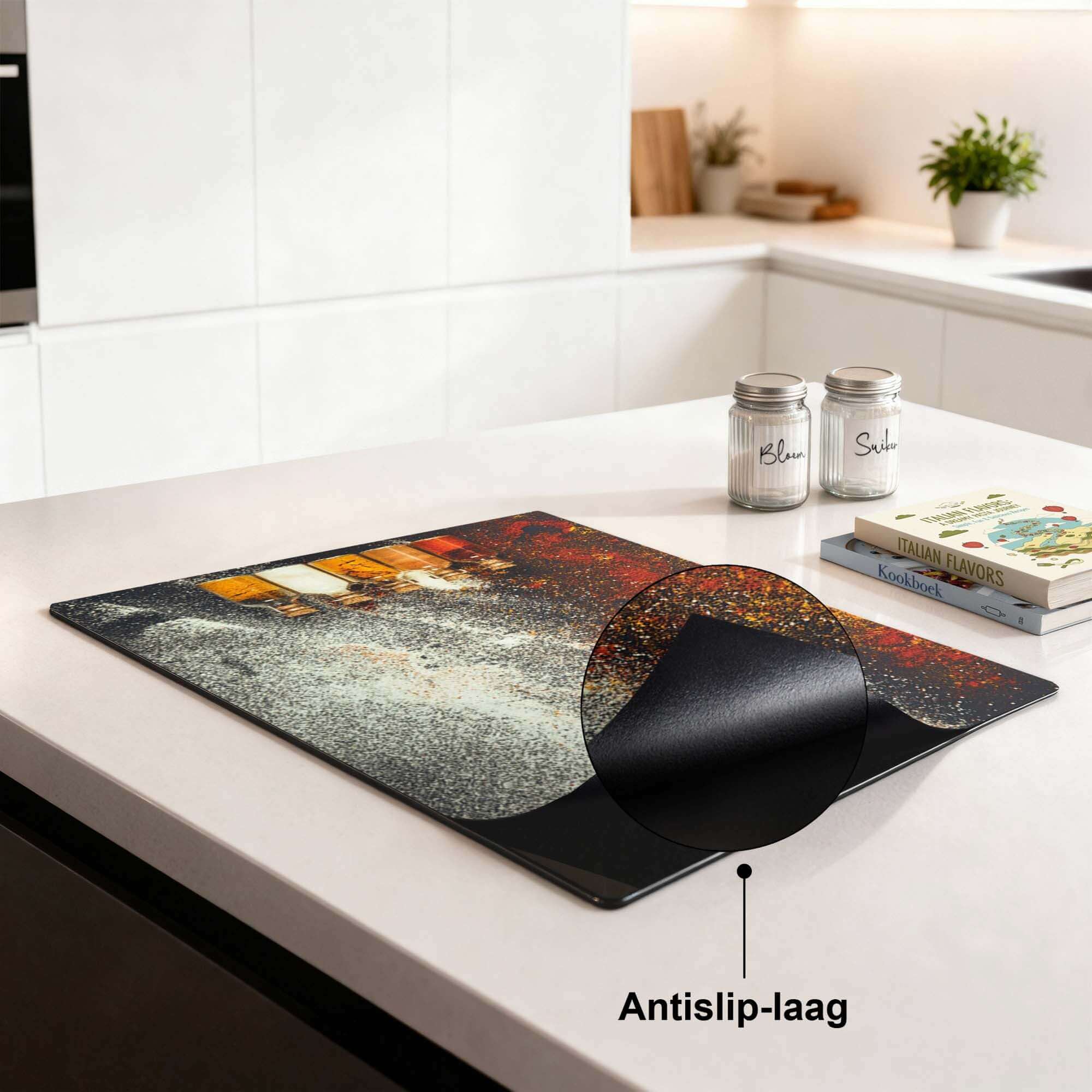 Spice Bottles – Inductie Beschermer met antislip-laag, kleurrijk ontwerp voor de keuken.