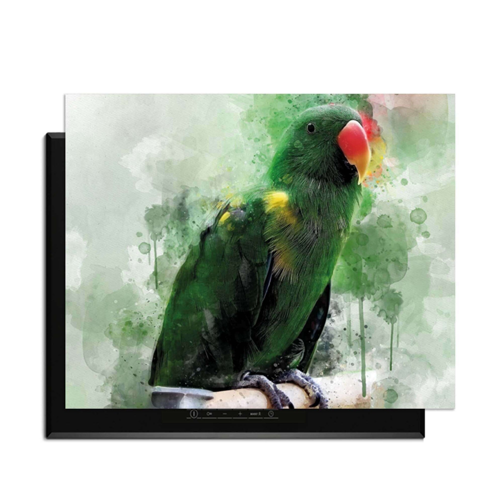 Jungle Parrot - Inductie Beschermer met een aquarelafbeelding van een papegaai op een antislip-laag.