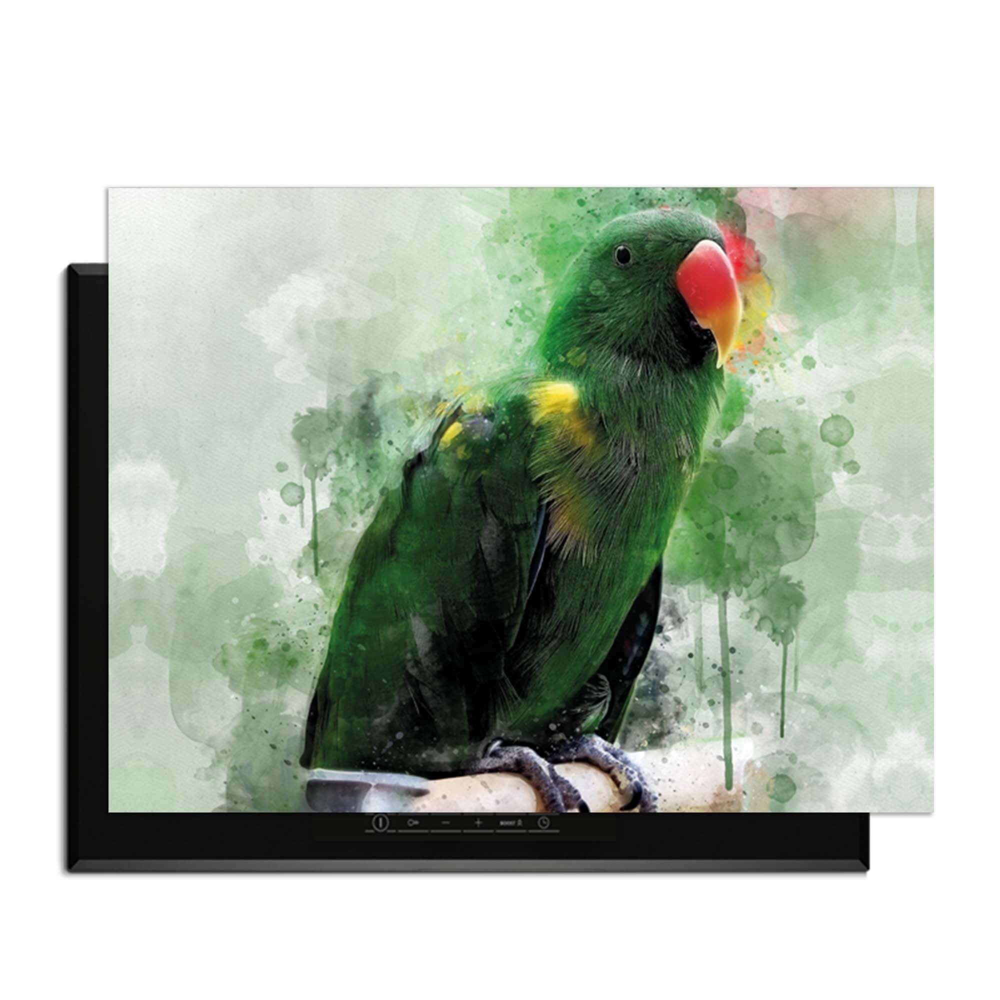 Jungle Parrot - Inductie Beschermer met kleurrijke aquarel van een papegaai, ideaal voor kookplaatbescherming.