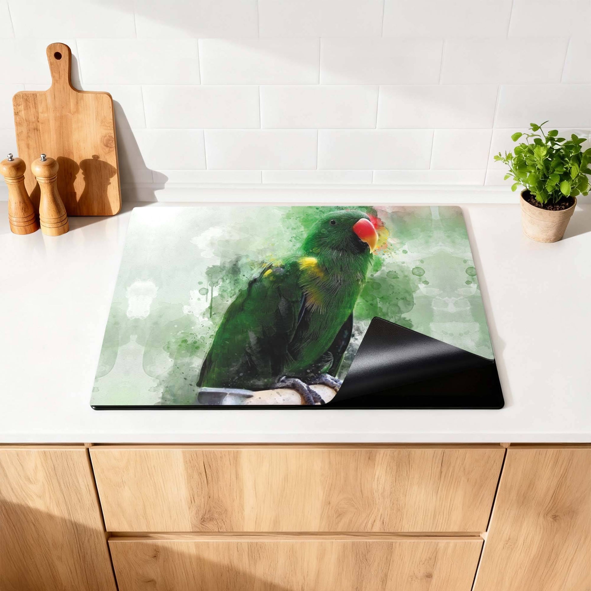 Jungle Parrot - Inductie Beschermer met kleurrijke aquarel van een papegaai, perfect voor je keuken.