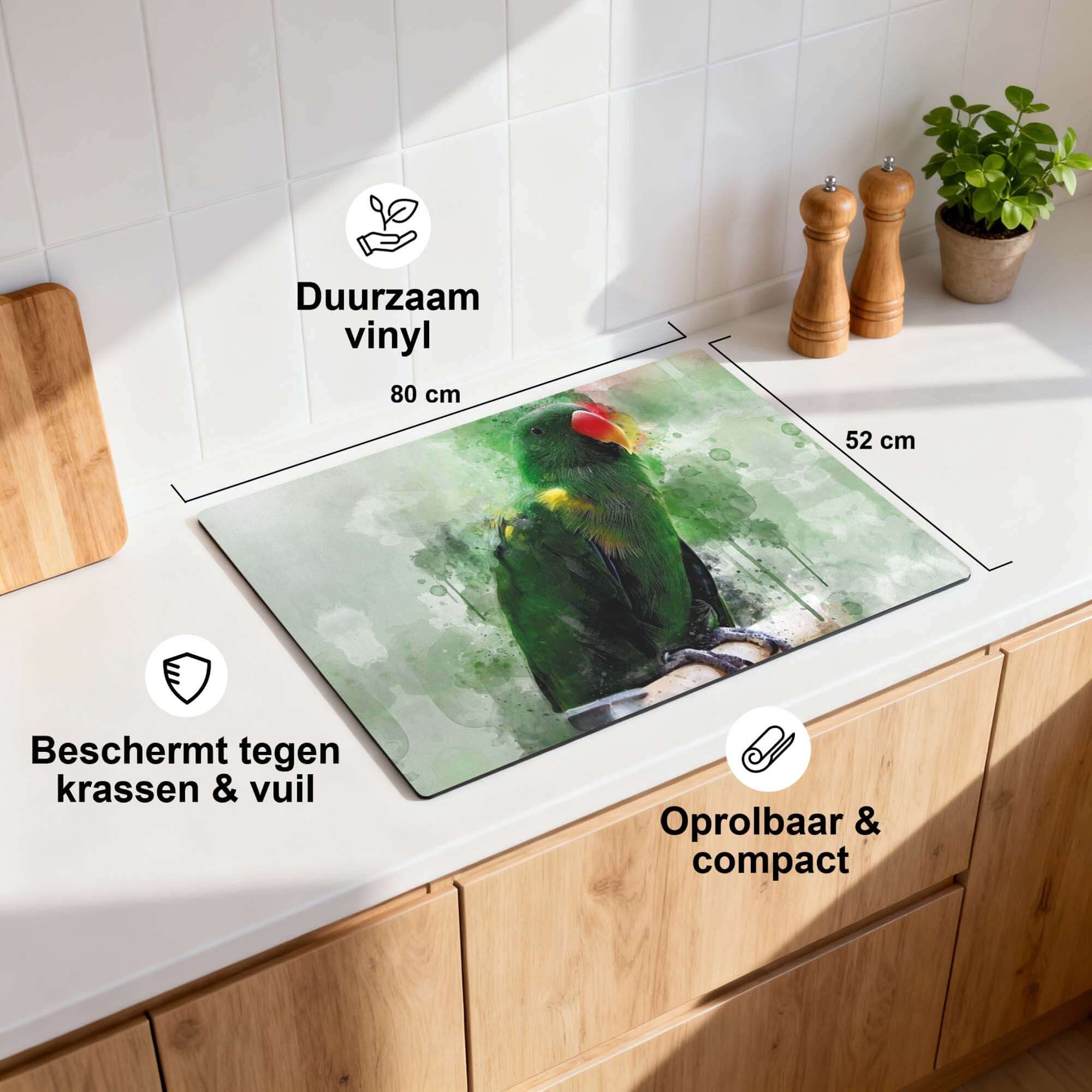 Jungle Parrot - Inductie Beschermer met kunstzinnige papegaai op duurzaam vinyl, beschermt tegen krassen en vuil.
