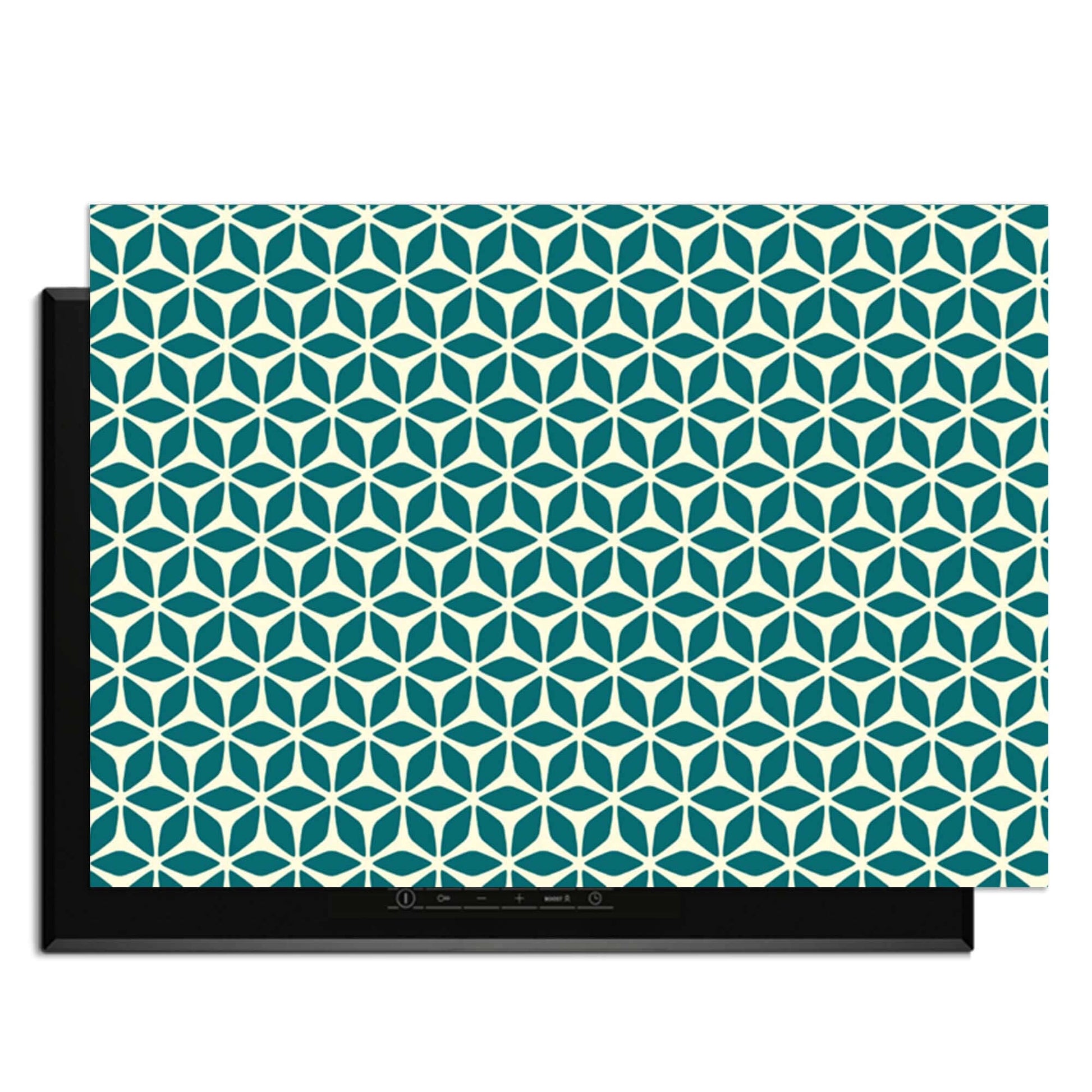 Emerald Bloom – Inductie Beschermer met geometrisch bloemmotief in groen en crème voor een stijlvolle bescherming.