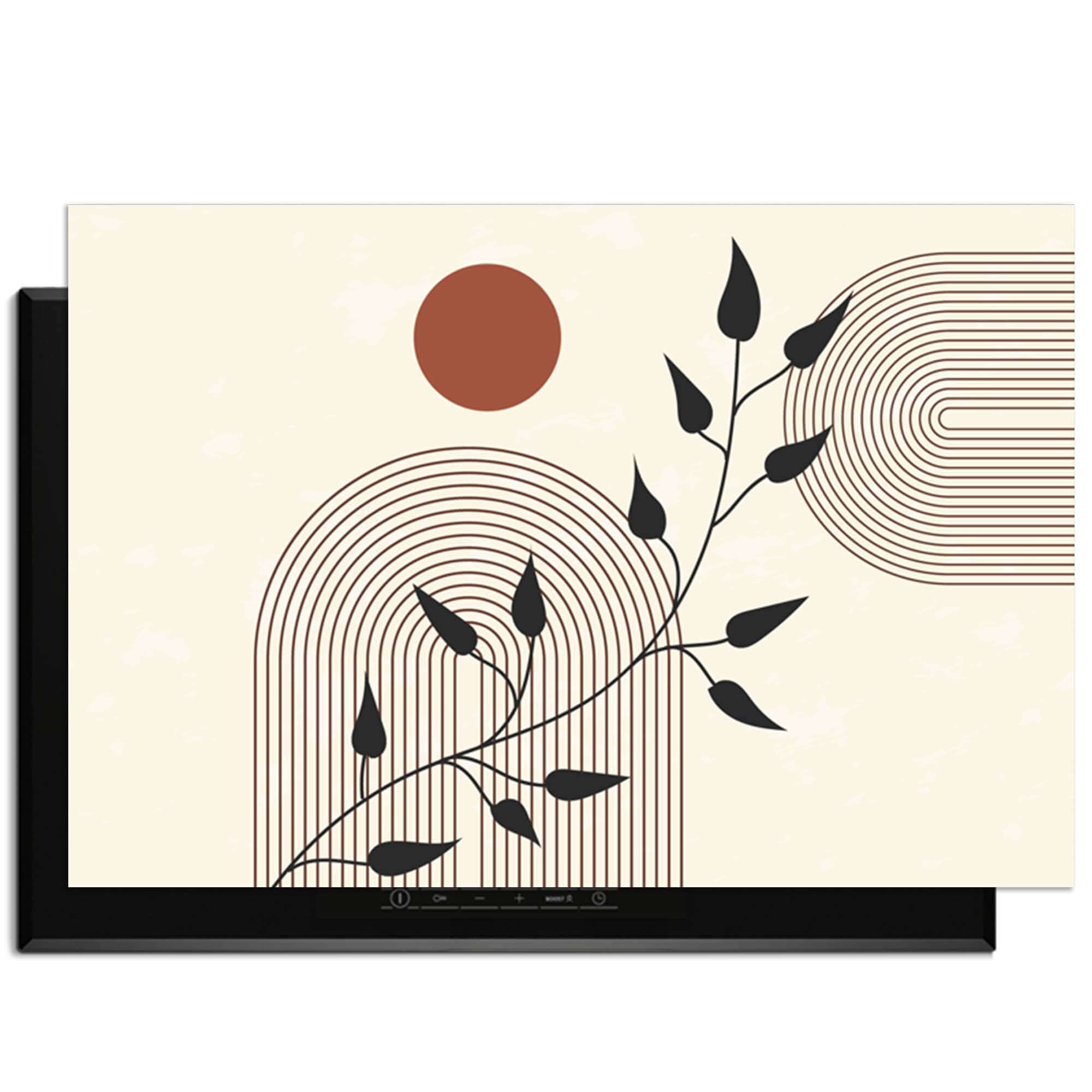 Red Sun Branch – Japandi Inductie Beschermer met grafische lijnen en subtiele tak, voor een minimalistische keuken.
