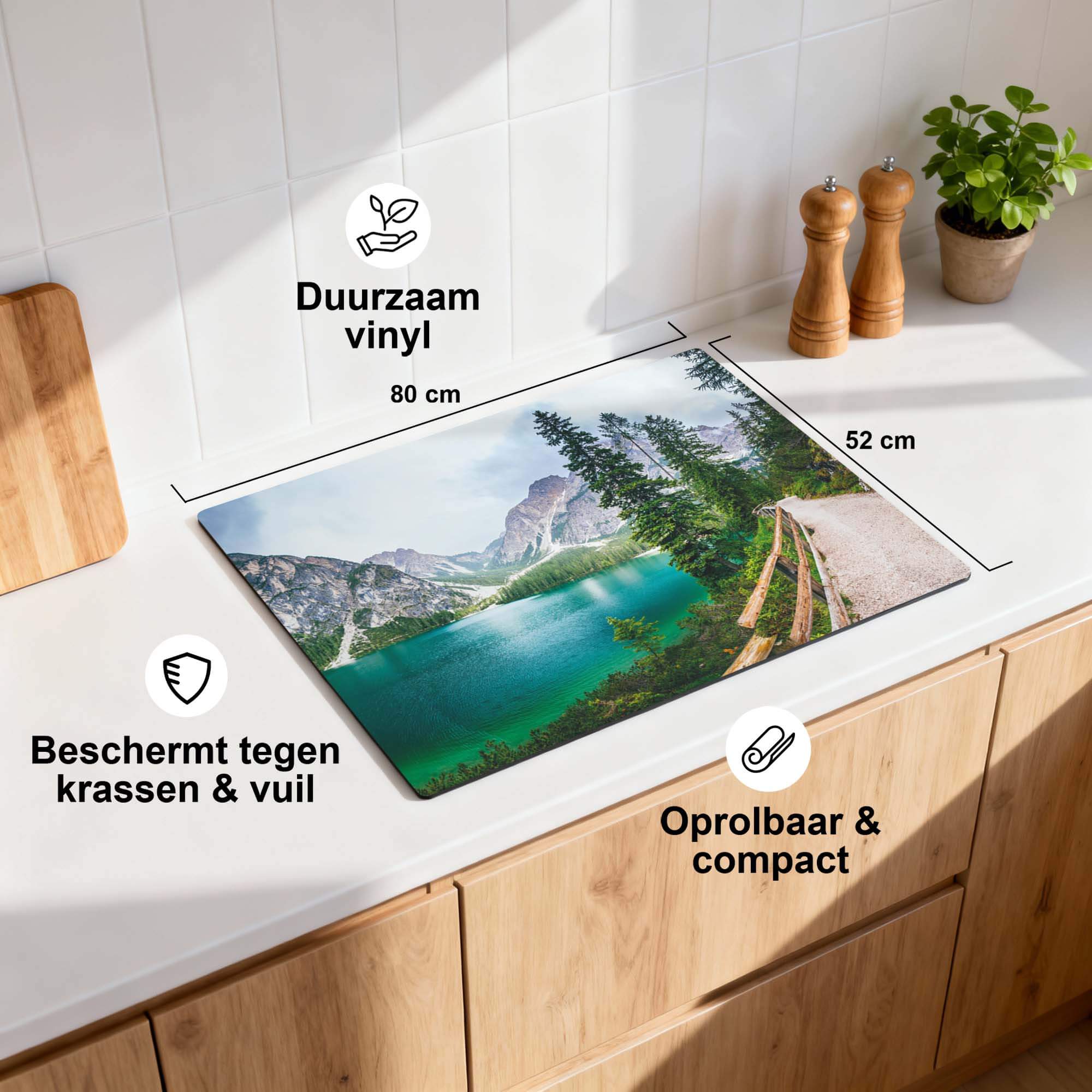 Emerald Lake Serenity - Induktionsschutz auf einer Küchenarbeitsplatte mit haltbarem Vinyl Abmessungen und Eigenschaften.