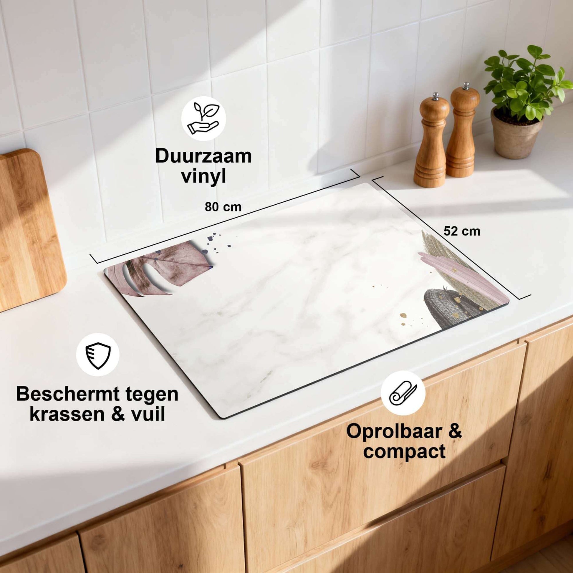 Soft Blush - Inductie Beschermer, duurzaam vinyl, beschermt tegen krassen en vuil, compact en oprolbaar.