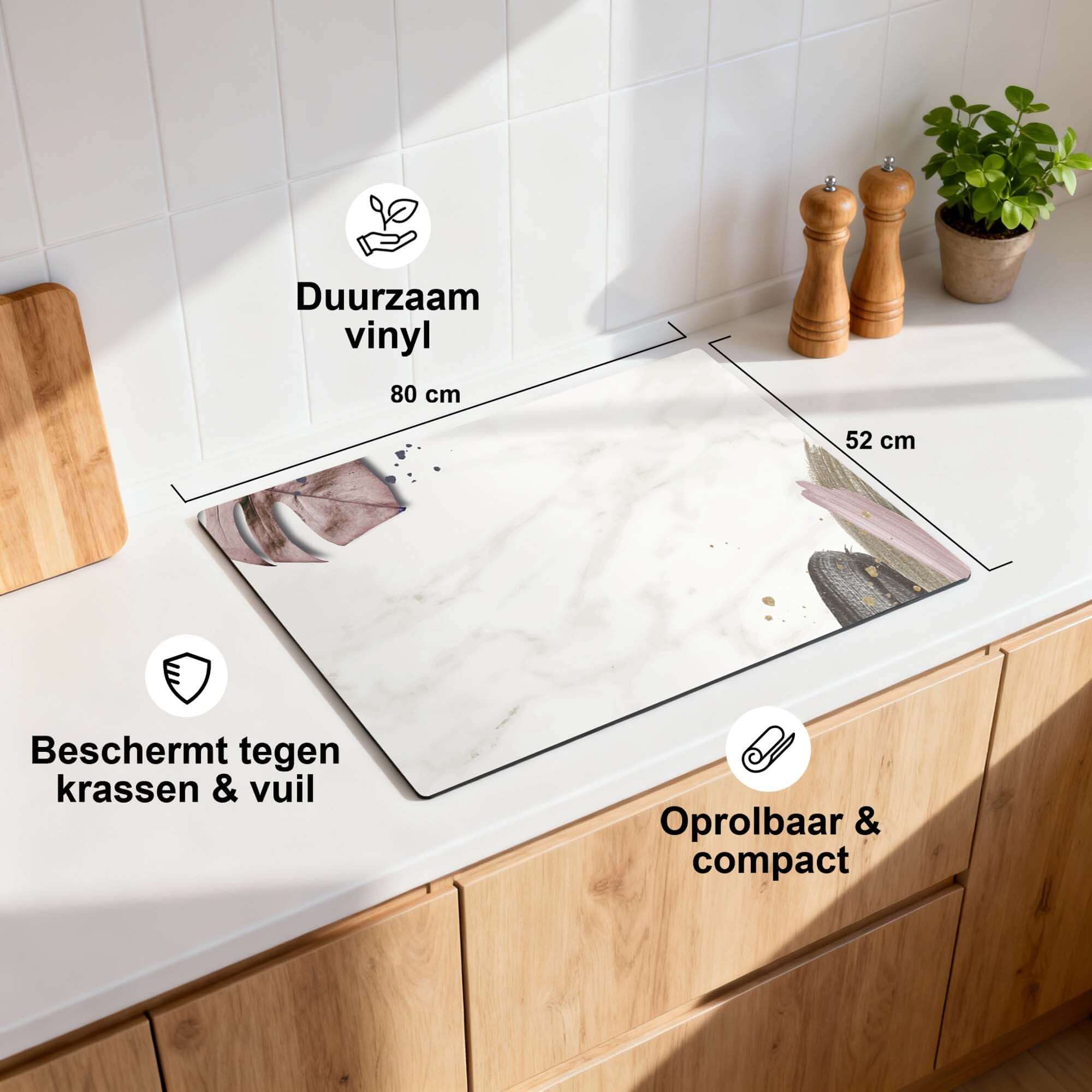 Soft Blush - Inductie Beschermer, duurzaam vinyl, beschermt tegen krassen en vuil, compact en oprolbaar.