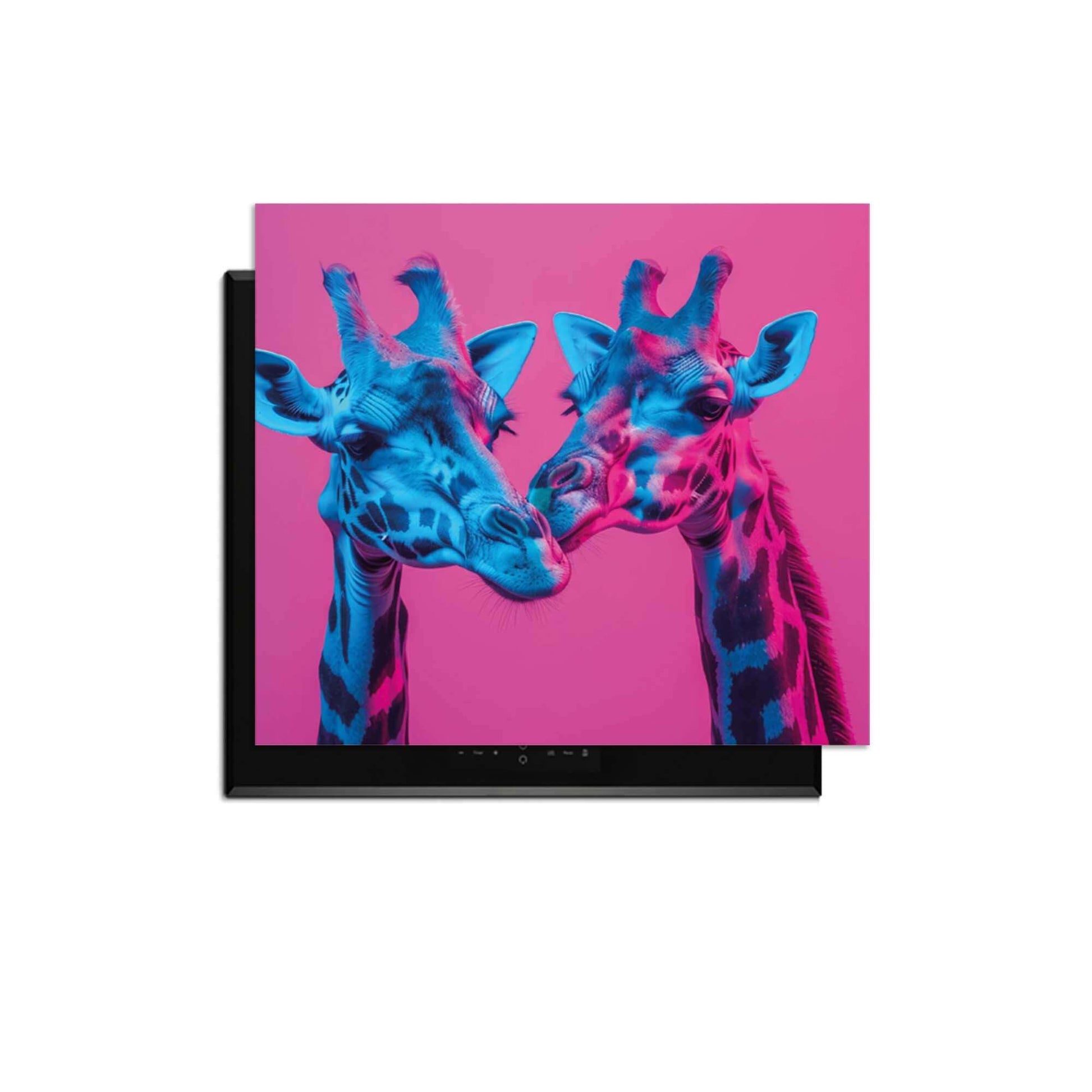 Neon Romance – Inductie Beschermer met twee neon giraffen maakt jouw keuken uniek en levendig.