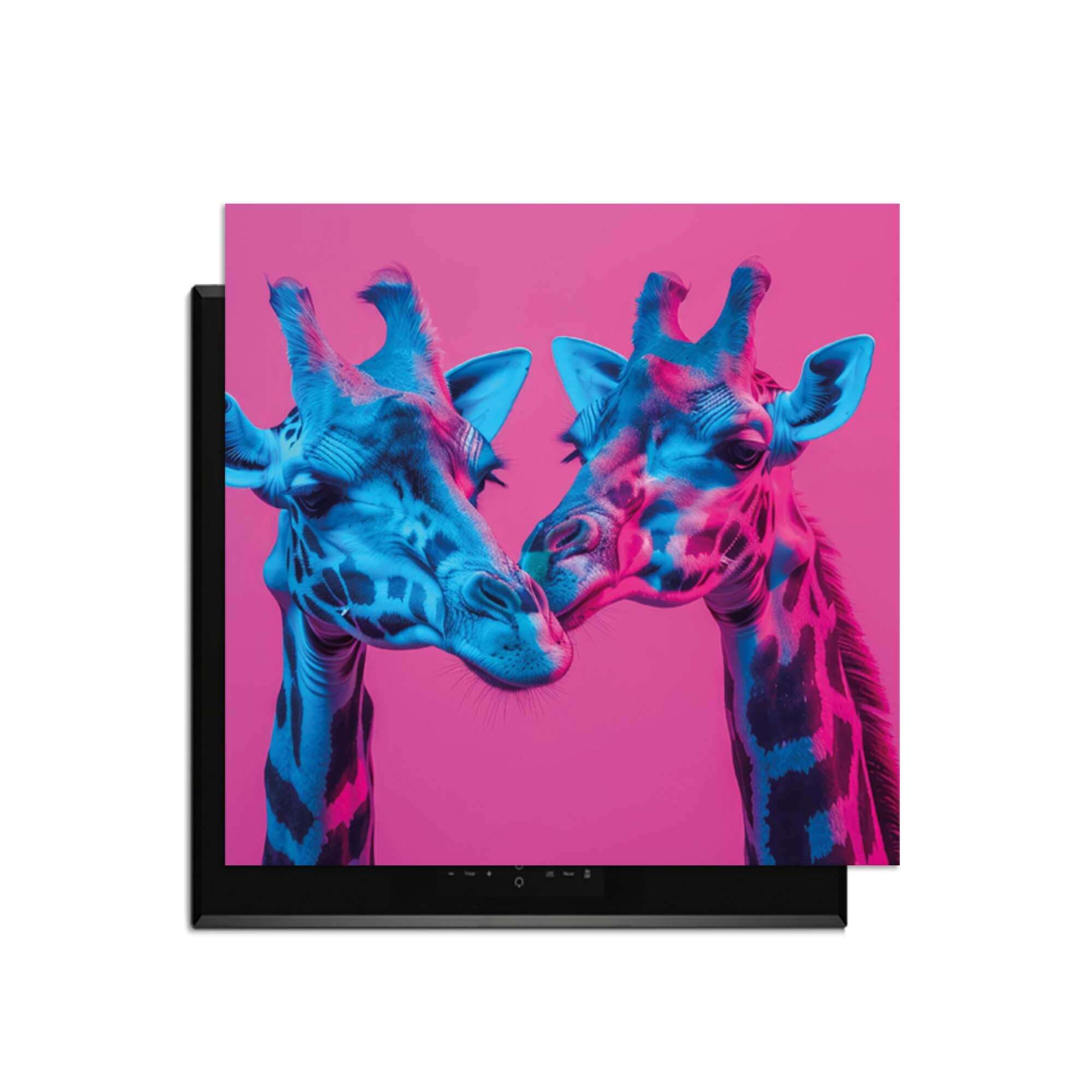Neon Romance – Inductie Beschermer met twee sierlijke giraffen in neonlichten op een levendige achtergrond.