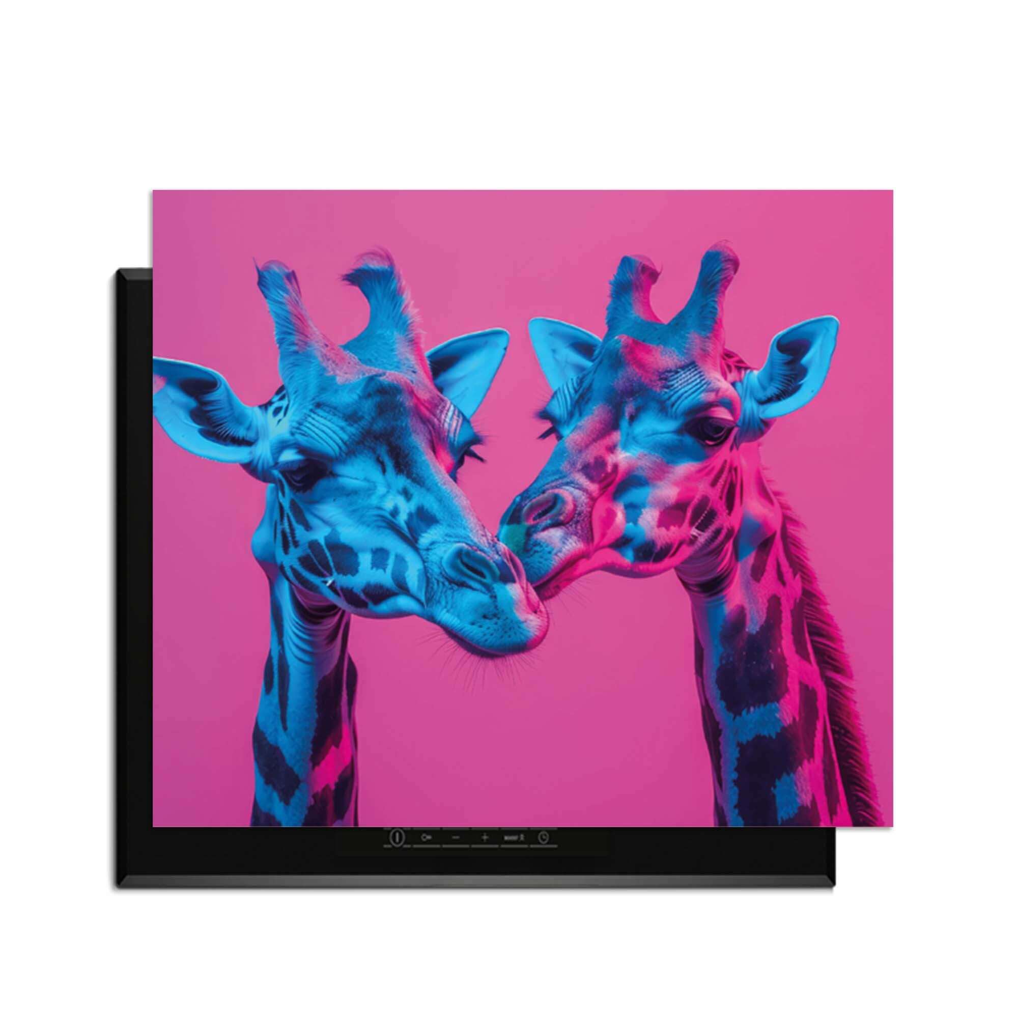 Neon Romance – Inductie Beschermer met sierlijke giraffen in neonlichten voor een unieke keuken.