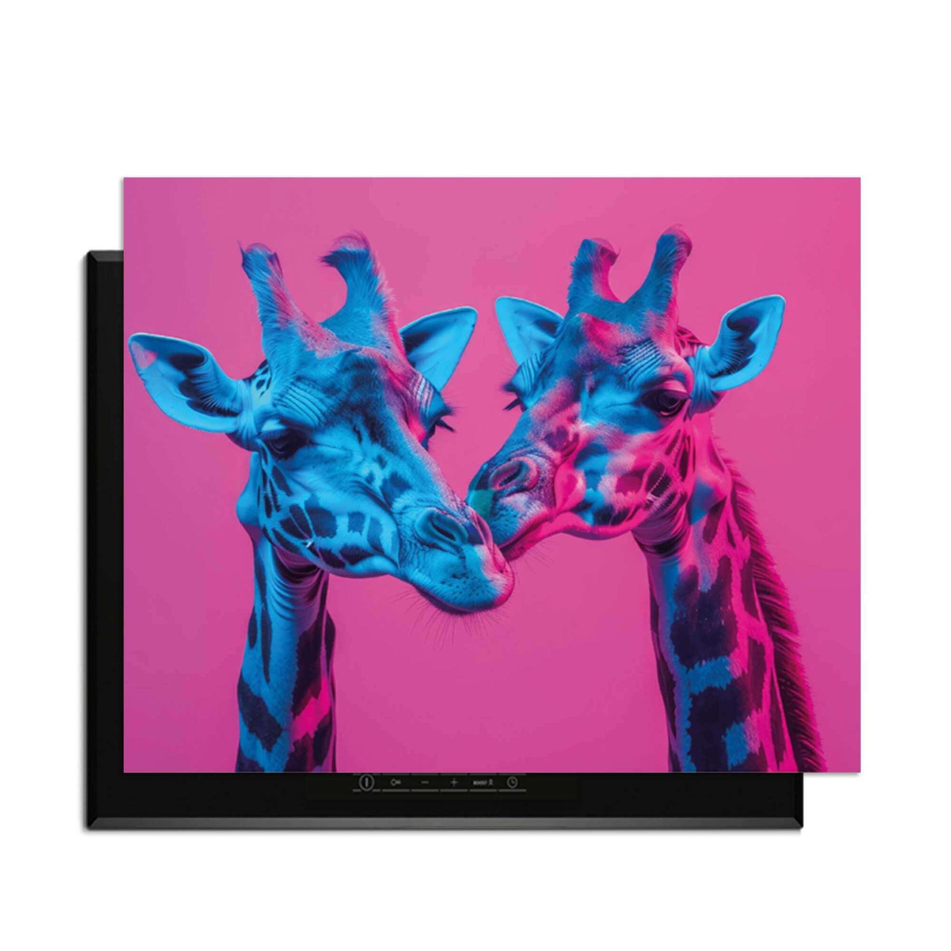 Neon Romance – Inductie Beschermer met twee neon giraffen in een levendige keuken