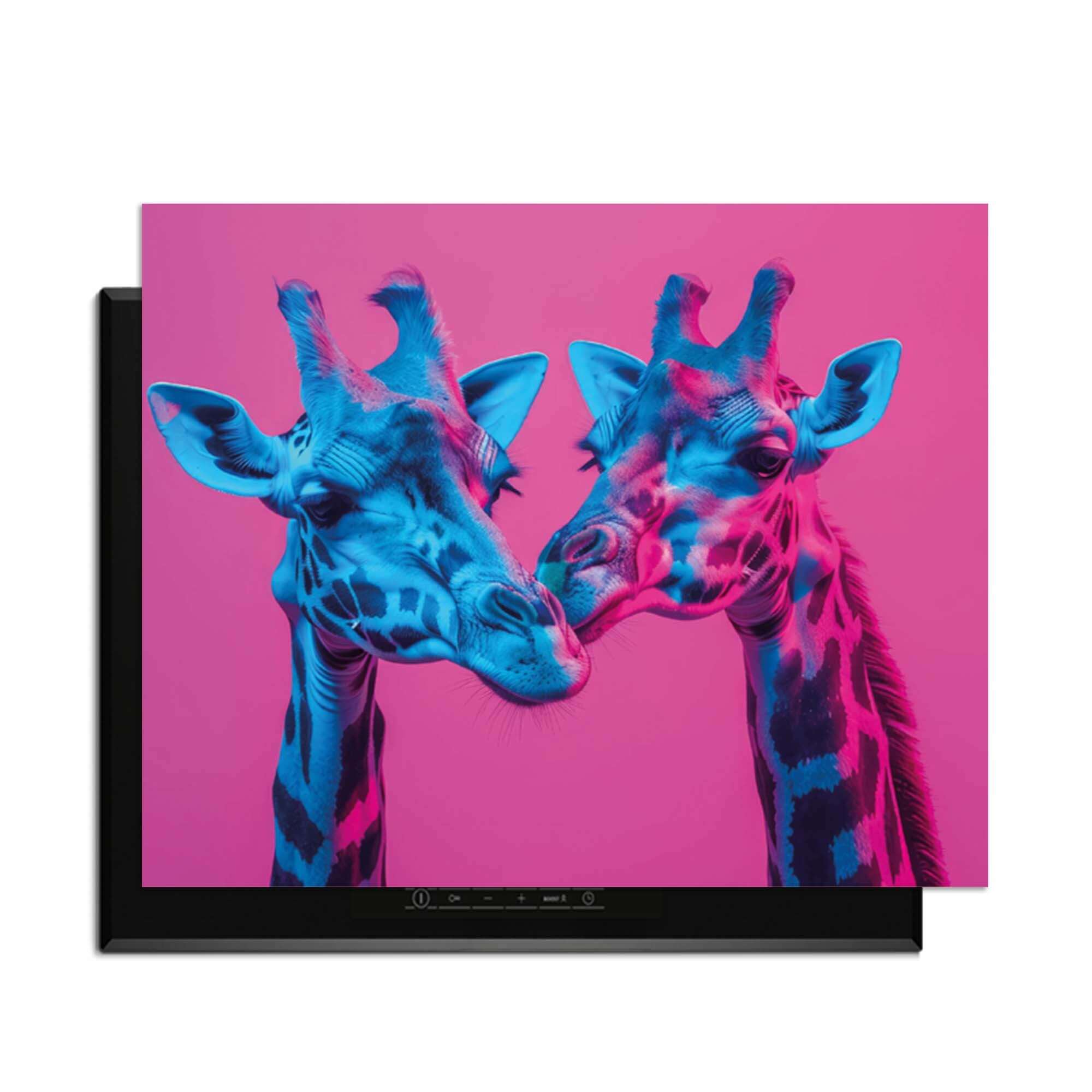 Neon Romance – Inductie Beschermer met twee neon giraffen in een levendige keuken