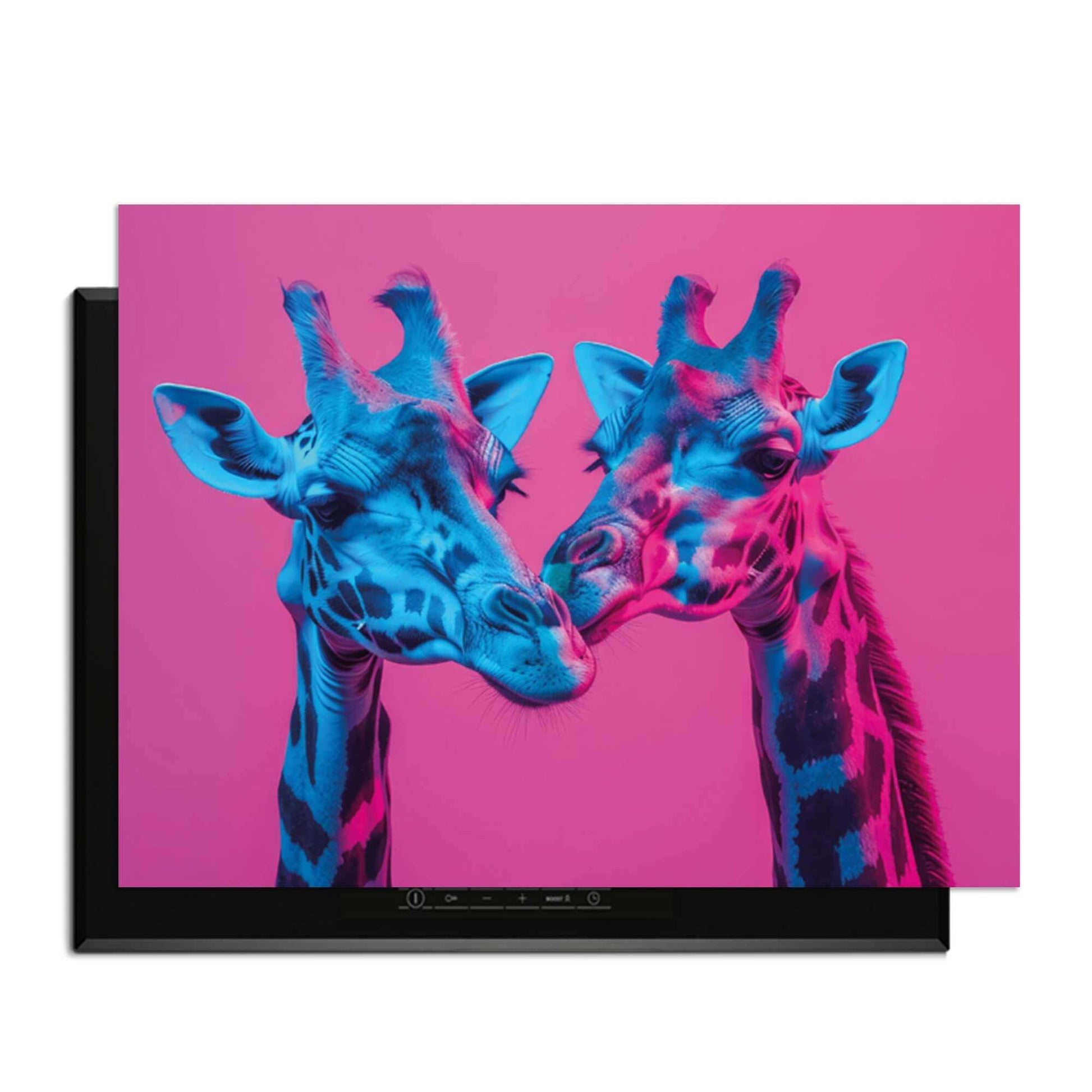 Neon Romance – Inductie Beschermer met sierlijke giraffen in neonlichten, perfect voor een levendige keuken.