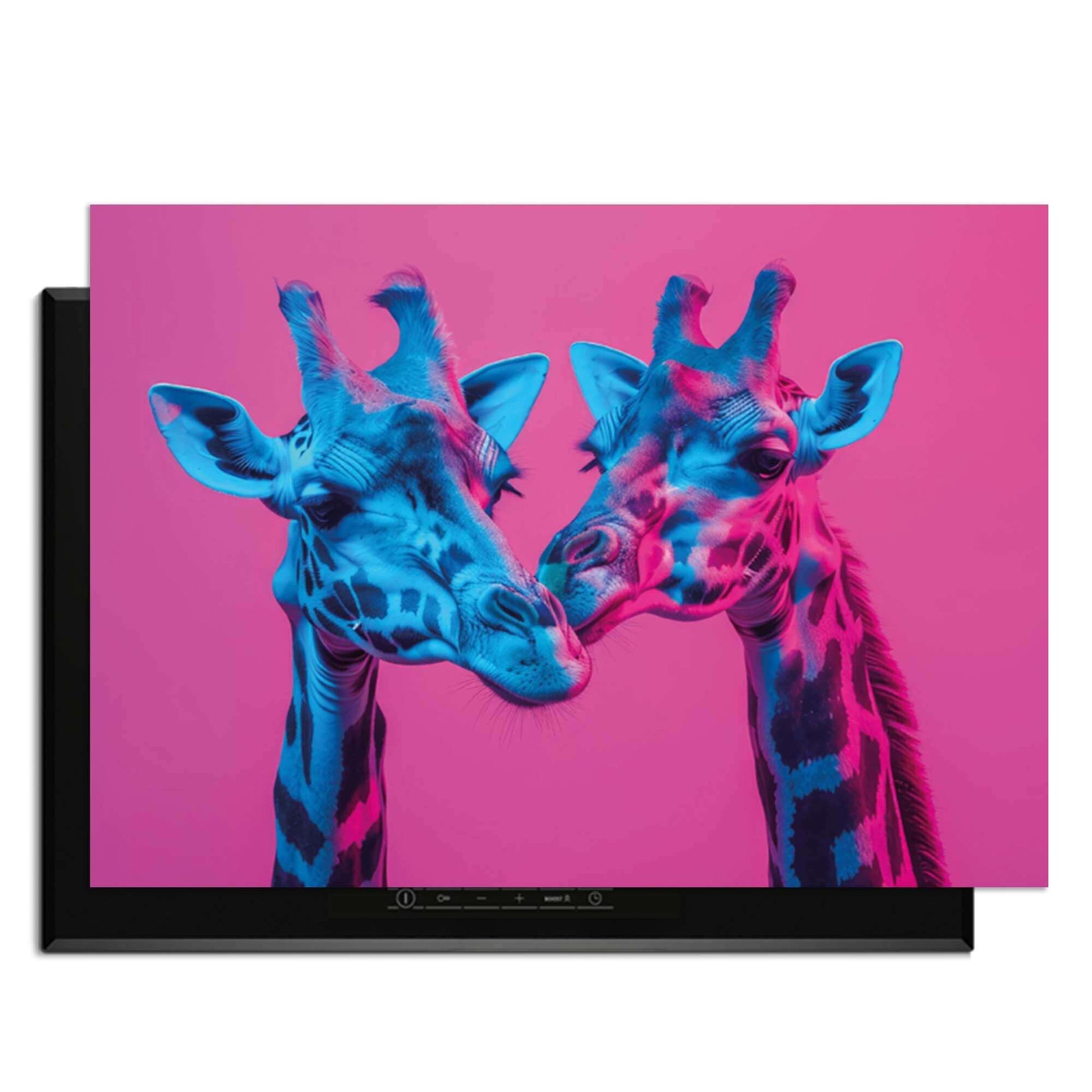 Neon Romance – Inductie Beschermer met twee sierlijke giraffen in neonlichten voor een unieke keuken.