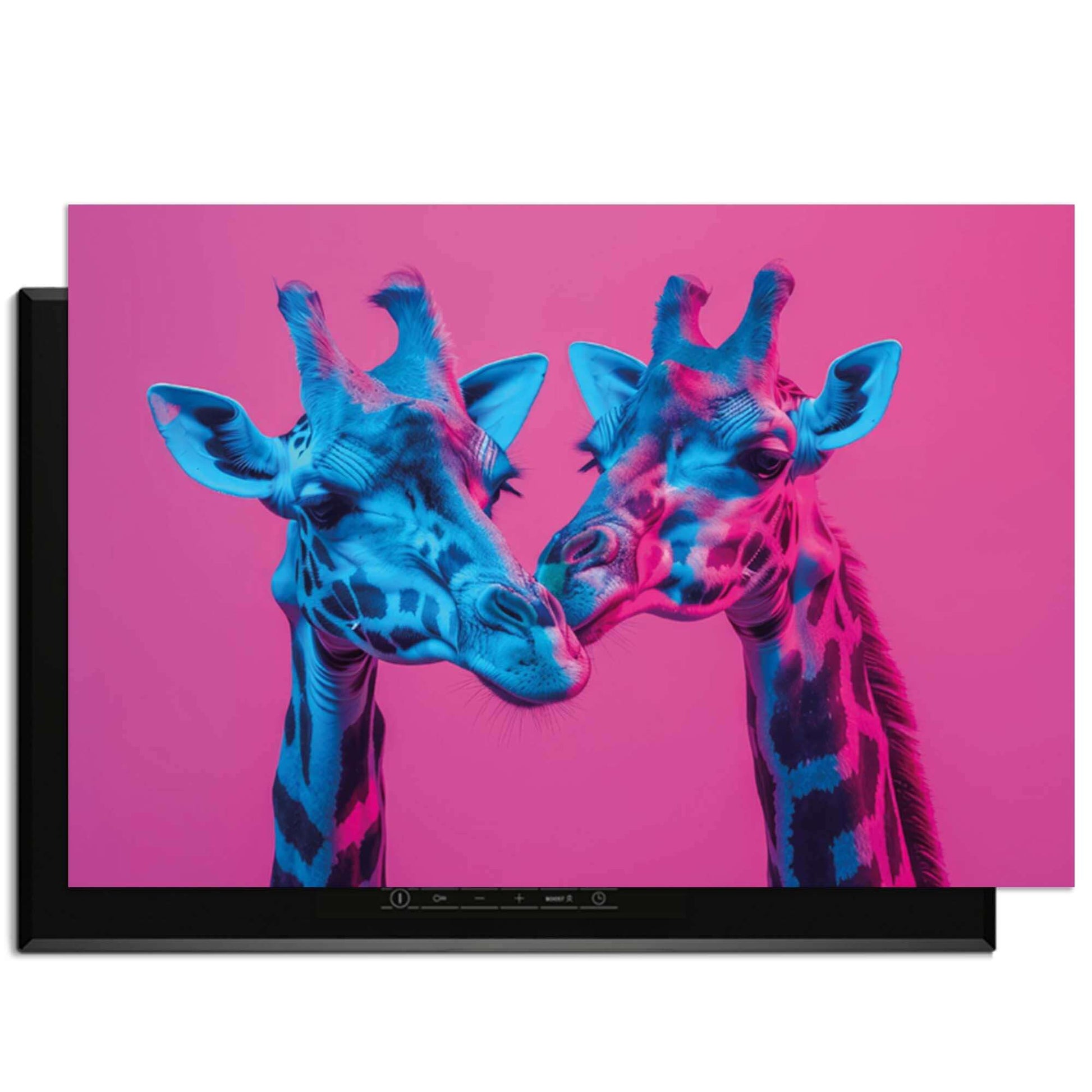 Neon Romance – Inductie Beschermer met twee sierlijke giraffen gehuld in neonlichten in levendige kleuren.